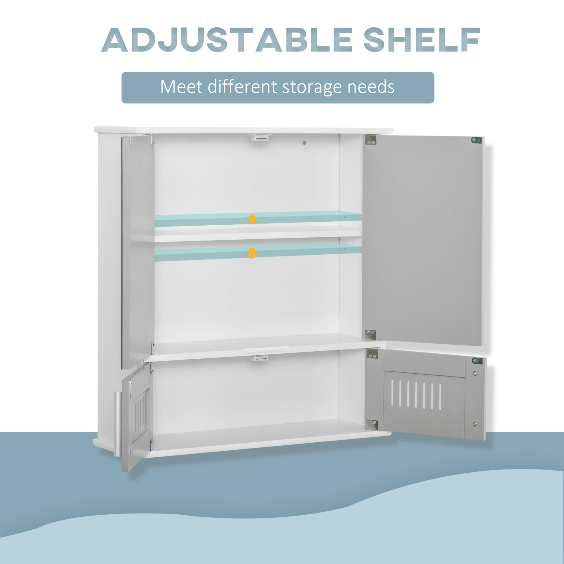 Stylish Grey Bathroom Mirror Cabinet - Wall Mounted, Upgrade your bathroom with a wall-mounted grey mirror cabinet featuring dual mirrored doors, an adjustable inner shelf, and organized storage for toiletries.