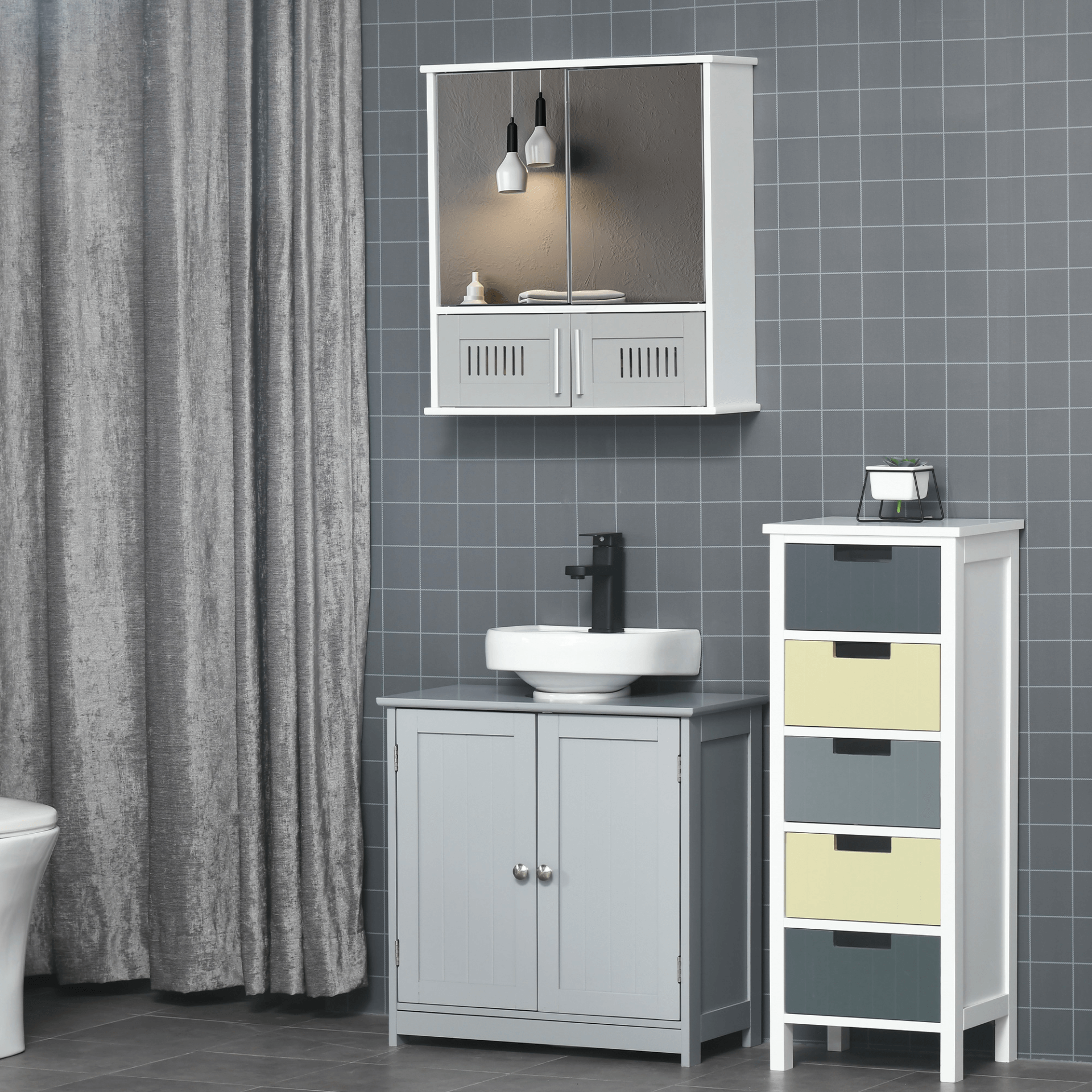 Stylish Grey Bathroom Mirror Cabinet - Wall Mounted, Upgrade your bathroom with a wall-mounted grey mirror cabinet featuring dual mirrored doors, an adjustable inner shelf, and organized storage for toiletries.