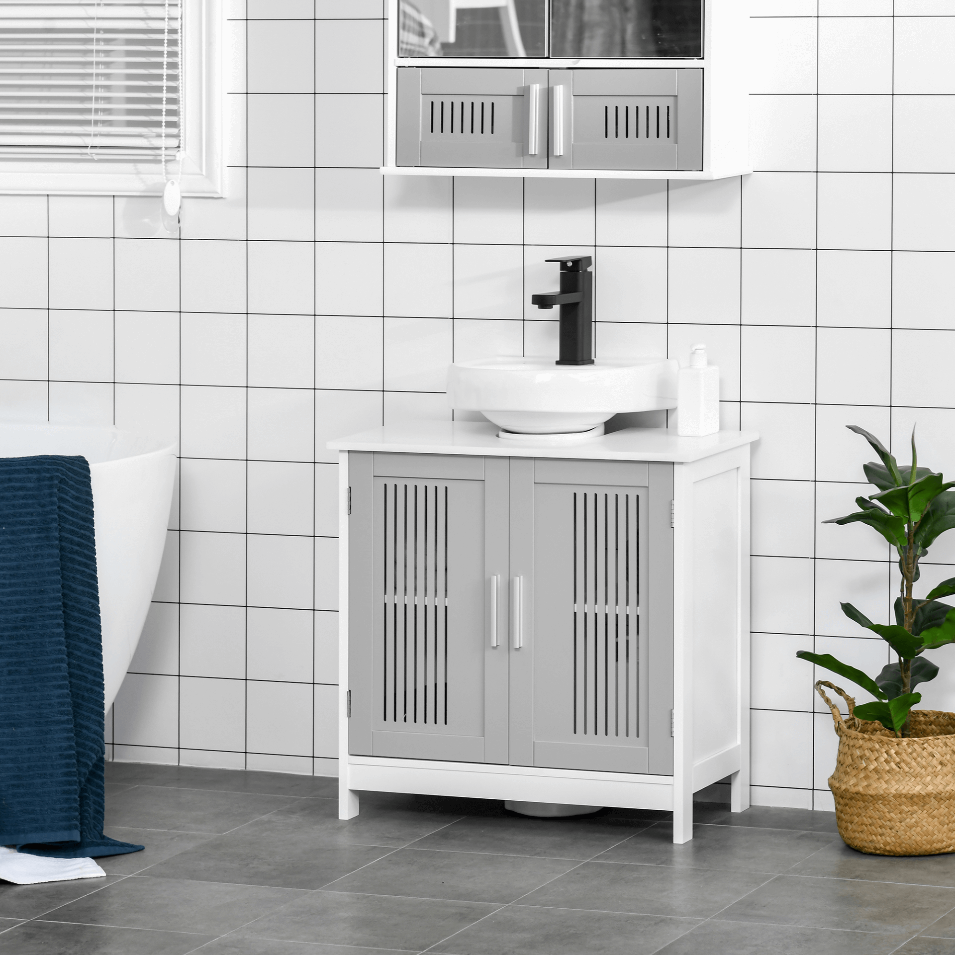 Modern Grey Under Sink Bathroom Cabinet, Adjustable Shelves, Upgrade your bathroom with a stylish, space-saving under sink vanity unit. Slatted doors and adjustable shelves for flexible storage.