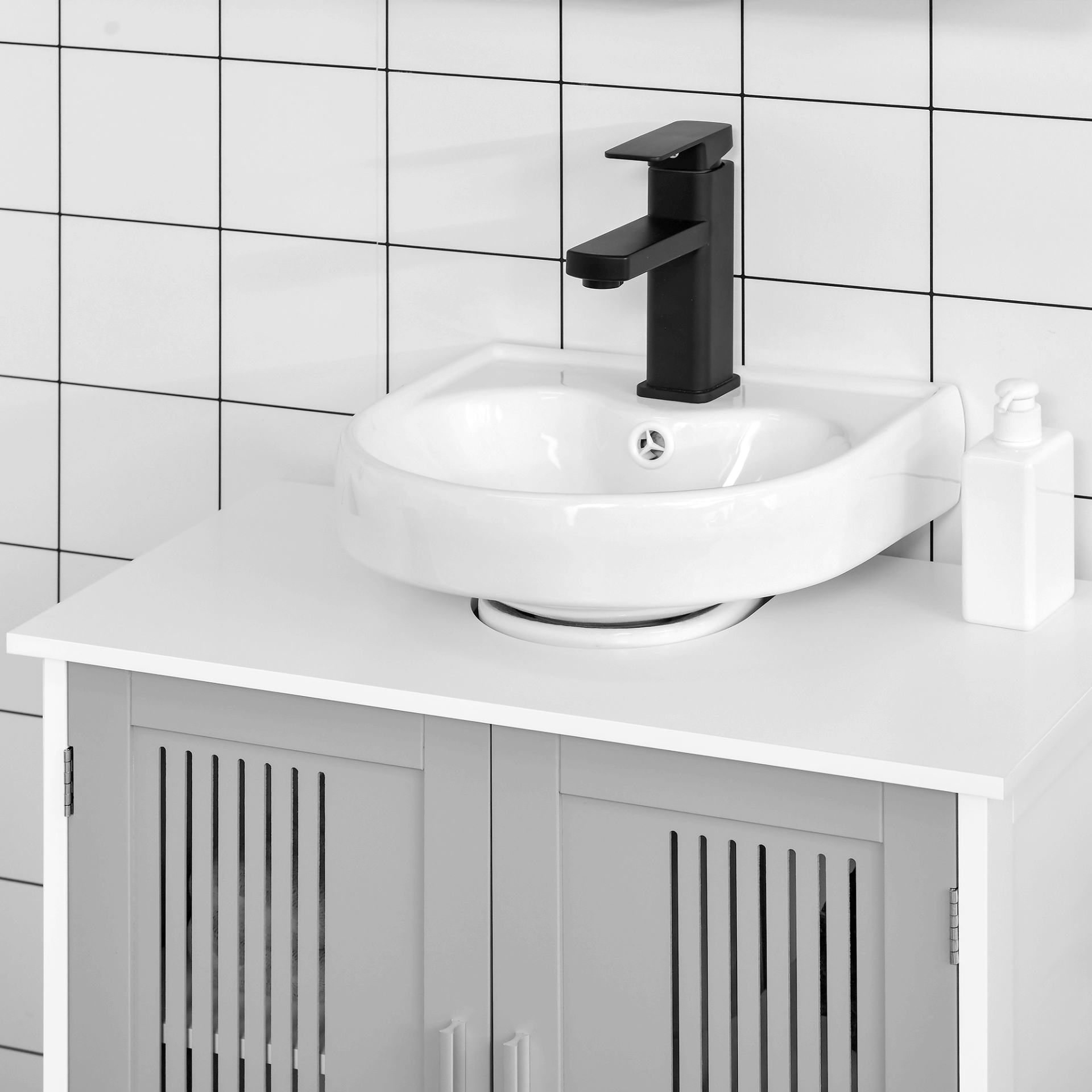 Modern Grey Under Sink Bathroom Cabinet, Adjustable Shelves, Upgrade your bathroom with a stylish, space-saving under sink vanity unit. Slatted doors and adjustable shelves for flexible storage.