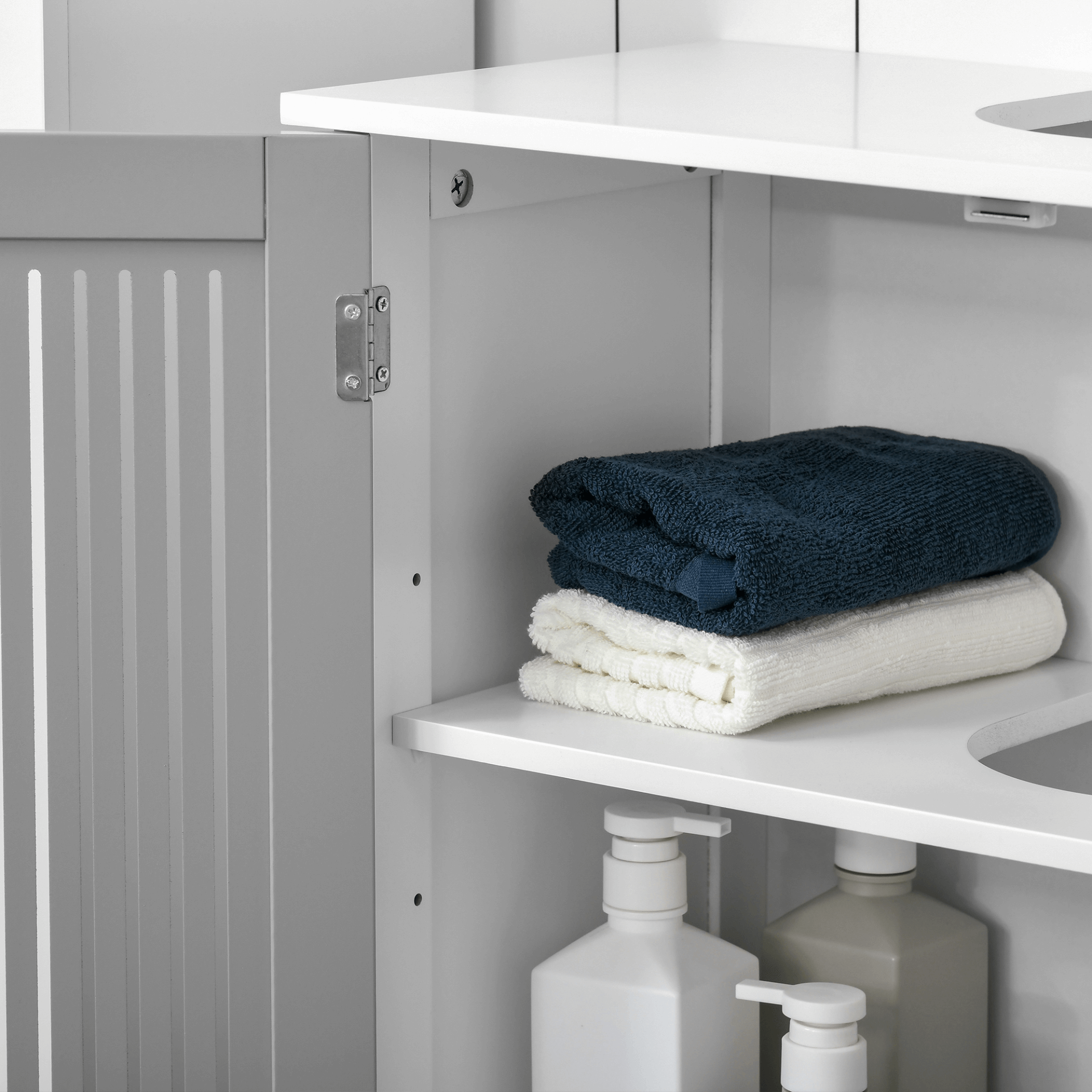 Modern Grey Under Sink Bathroom Cabinet, Adjustable Shelves, Upgrade your bathroom with a stylish, space-saving under sink vanity unit. Slatted doors and adjustable shelves for flexible storage.