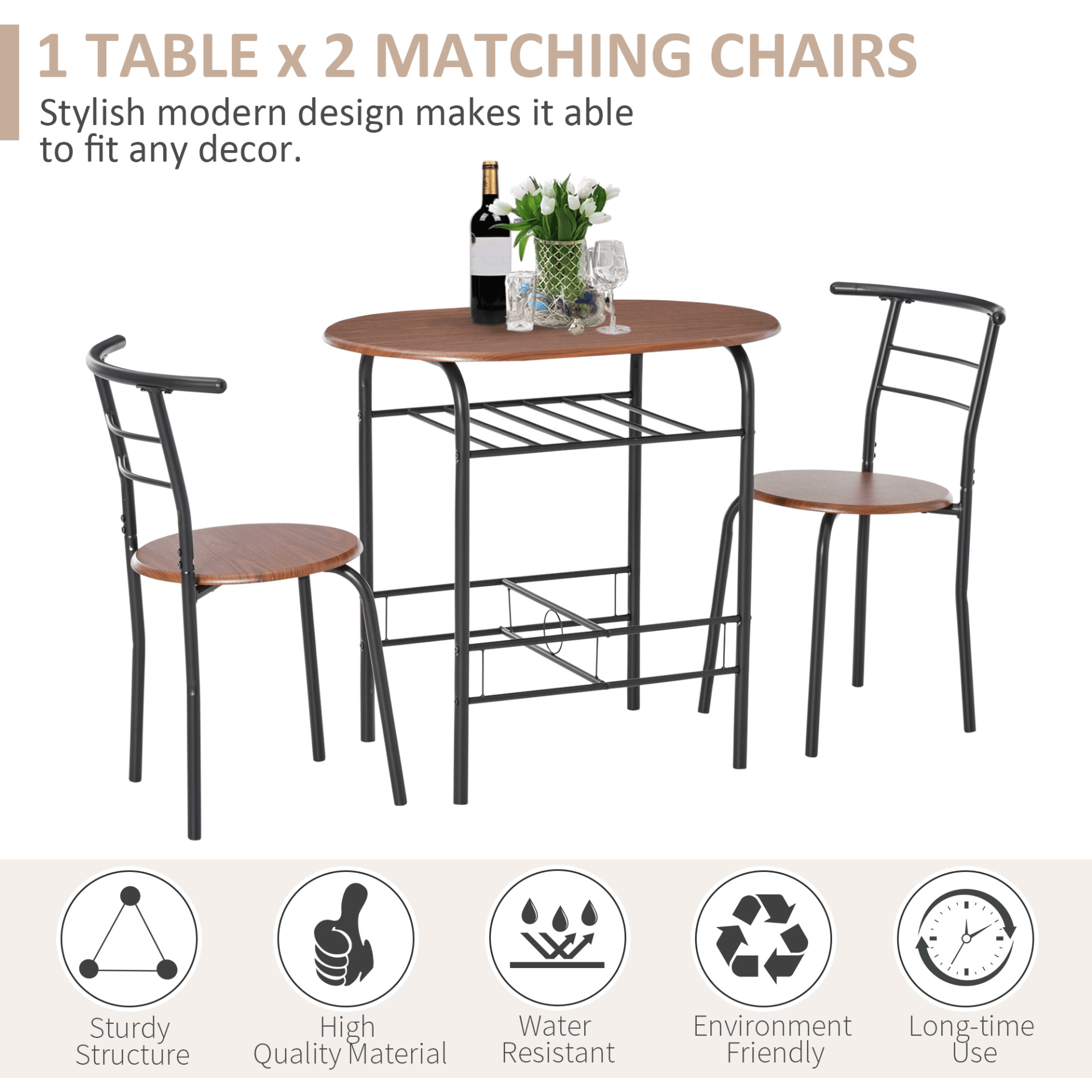 3-Piece Industrial Dining Table Set - great for Small Spaces, Upgrade your space with our 3-piece dining table set, featuring a metal frame, wood top, storage shelf, and 2 chairs. Ideal for kitchens and breakfast nooks.