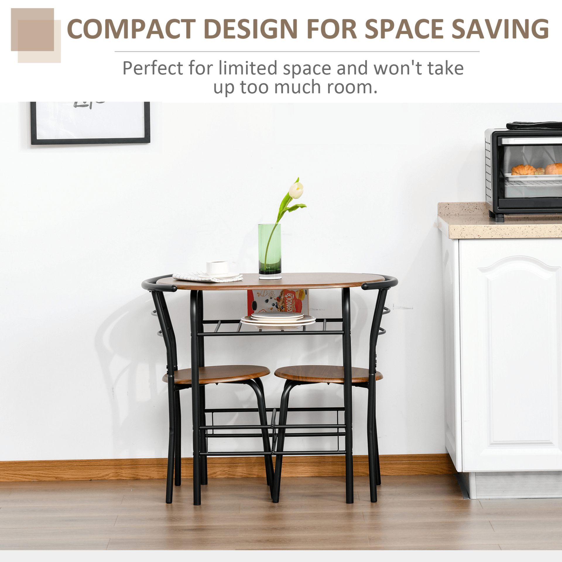 3-Piece Industrial Dining Table Set - great for Small Spaces, Upgrade your space with our 3-piece dining table set, featuring a metal frame, wood top, storage shelf, and 2 chairs. Ideal for kitchens and breakfast nooks.