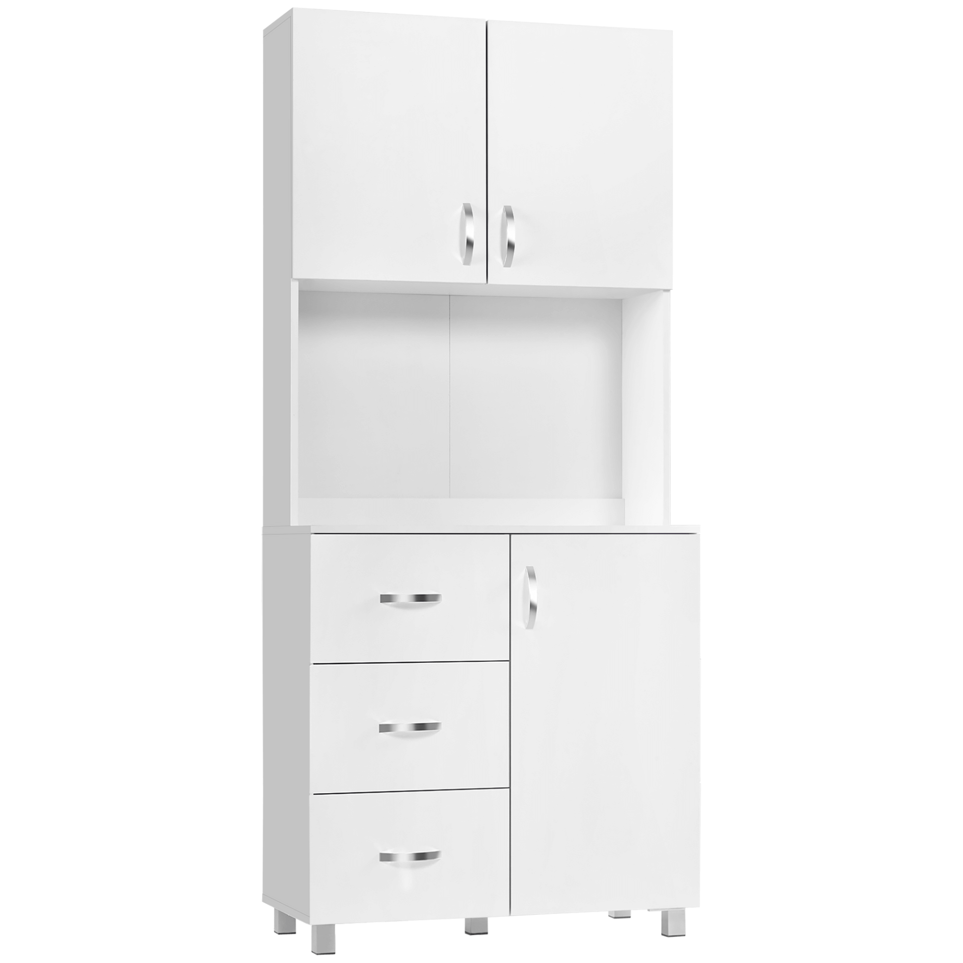 HOMCOM White Freestanding Kitchen Cupboard with Storage, Organize your kitchen stylishly with the HOMCOM cupboard featuring adjustable shelves, drawers, and a sleek modern design.