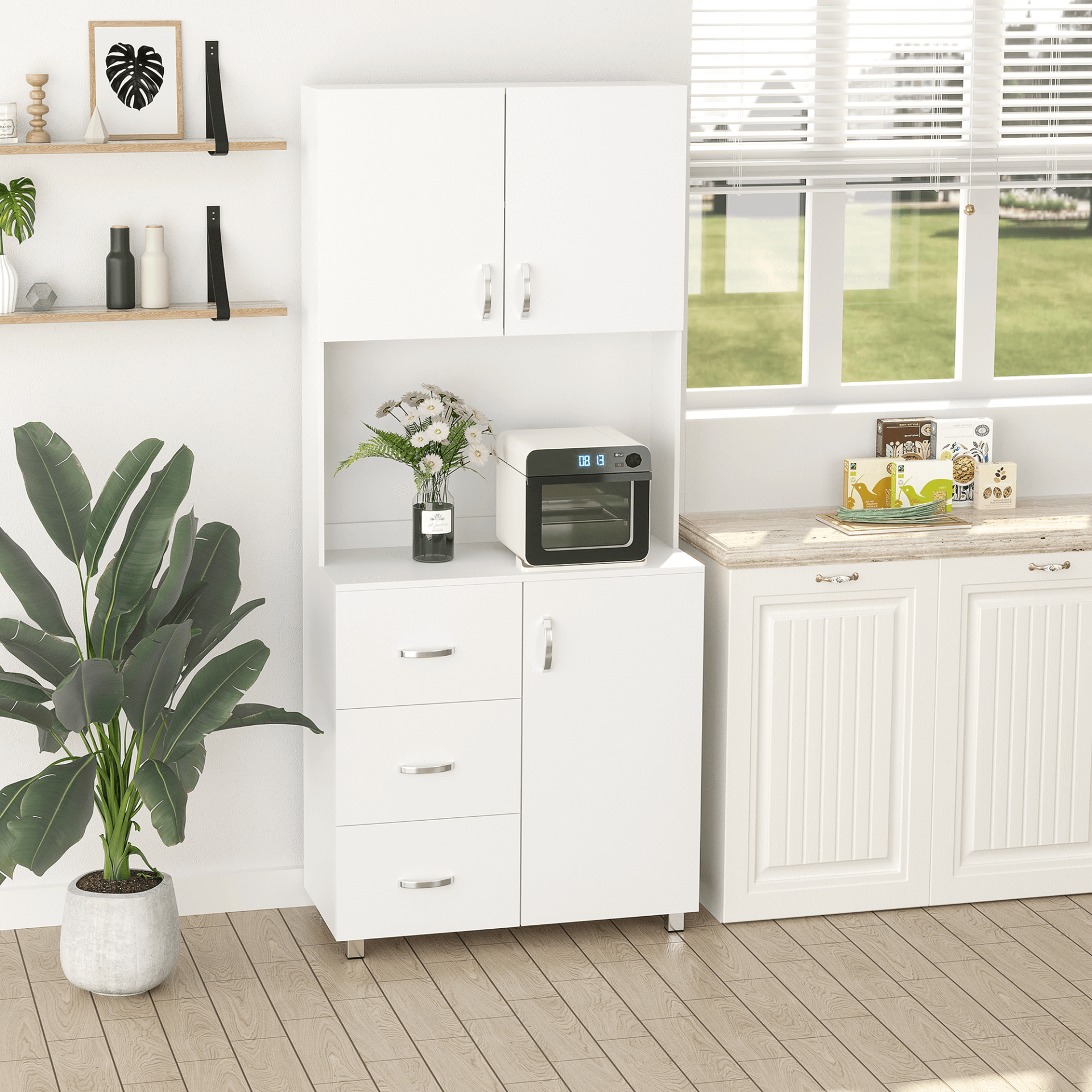 HOMCOM White Freestanding Kitchen Cupboard with Storage, Organize your kitchen stylishly with the HOMCOM cupboard featuring adjustable shelves, drawers, and a sleek modern design.