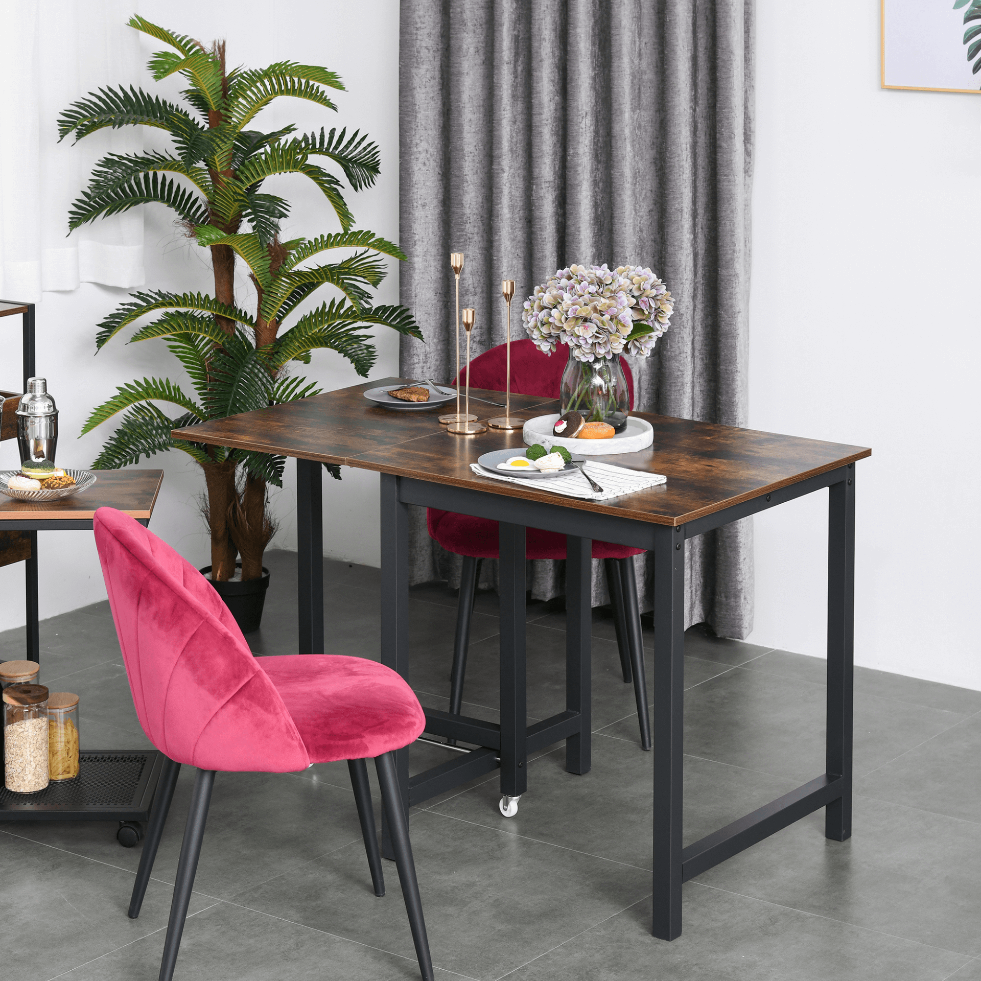 Foldable Dining Table | Rustic Brown Drop Leaf Console, Space-saving industrial-style foldable dining table with a drop leaf design. Features a durable metal frame and wheels for easy extension and storage.