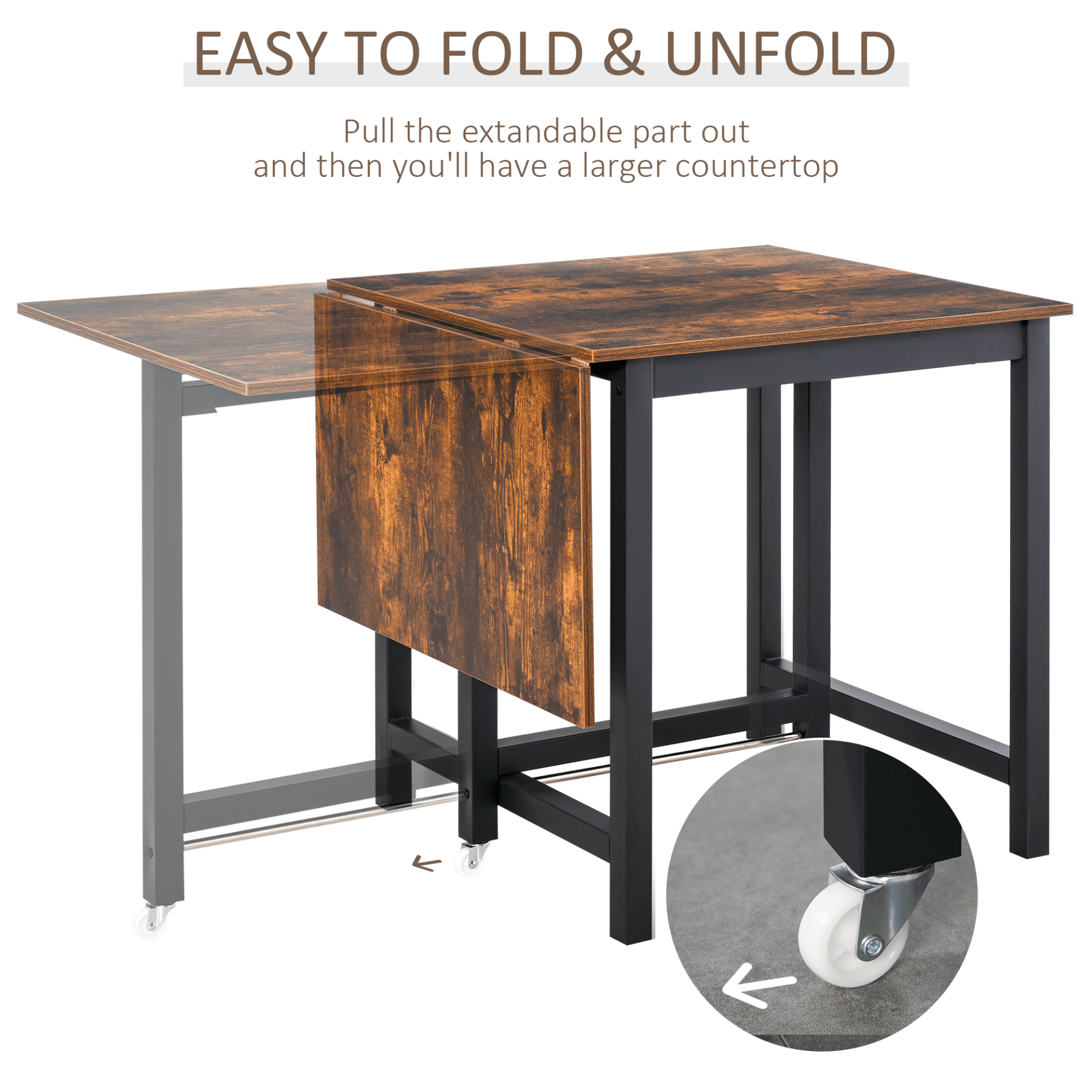 Foldable Dining Table | Rustic Brown Drop Leaf Console, Space-saving industrial-style foldable dining table with a drop leaf design. Features a durable metal frame and wheels for easy extension and storage.