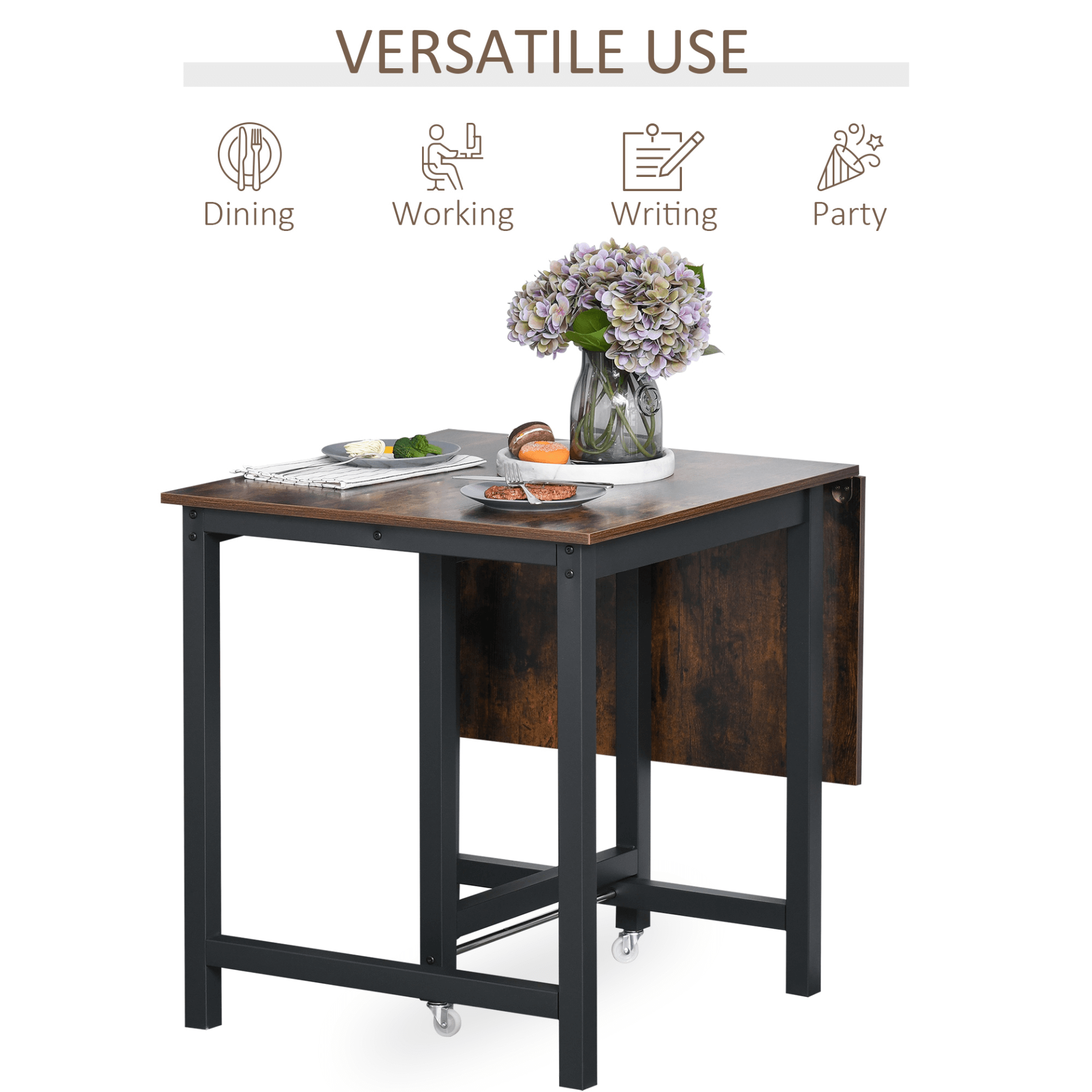 Foldable Dining Table | Rustic Brown Drop Leaf Console, Space-saving industrial-style foldable dining table with a drop leaf design. Features a durable metal frame and wheels for easy extension and storage.