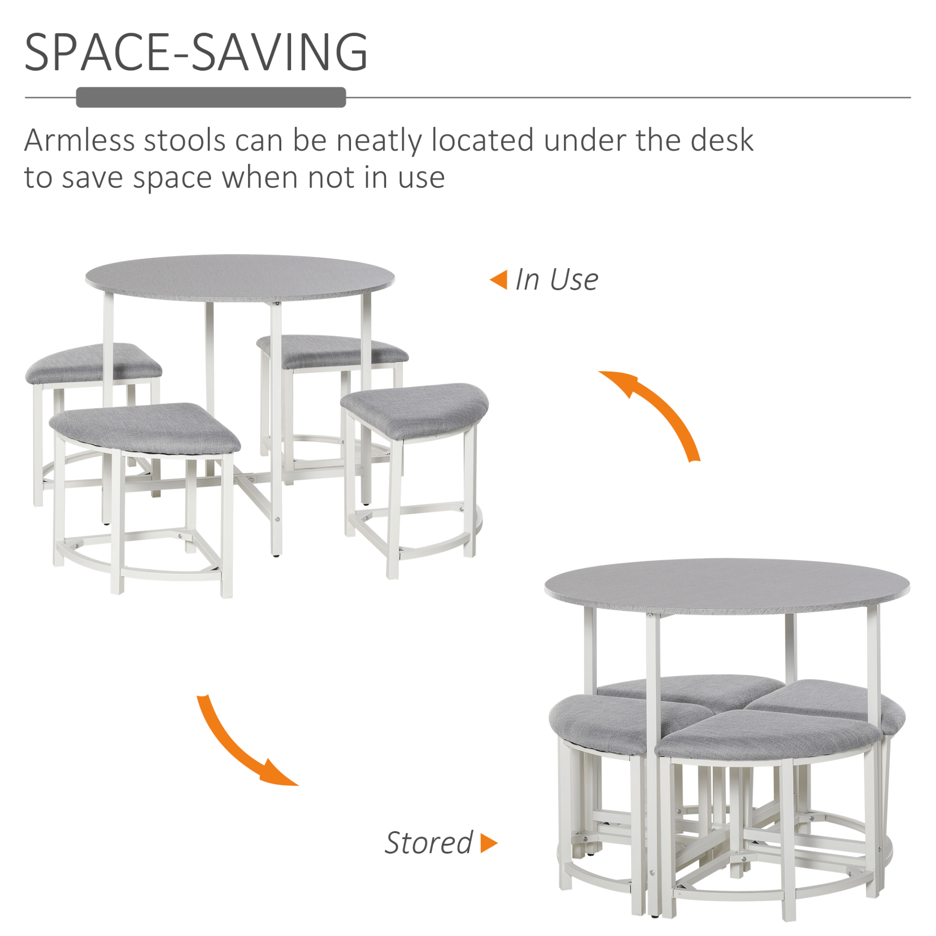 Modern Round Dining Table Set with 4 Stools, Perfect for family gatherings, this set features a compact, space-saving design with four upholstered stools that tuck neatly under the table.