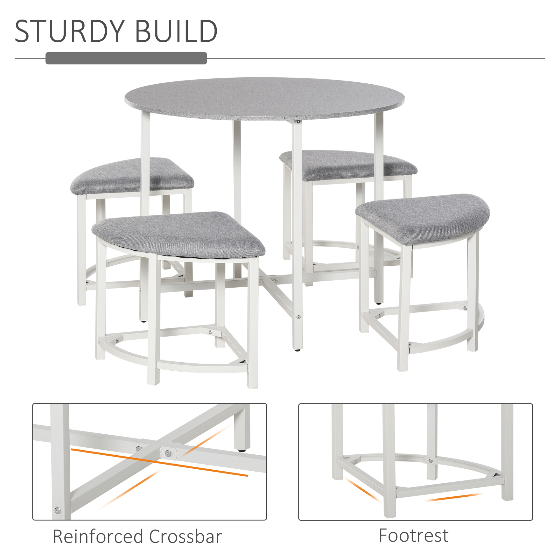 Modern Round Dining Table Set with 4 Stools, Perfect for family gatherings, this set features a compact, space-saving design with four upholstered stools that tuck neatly under the table.