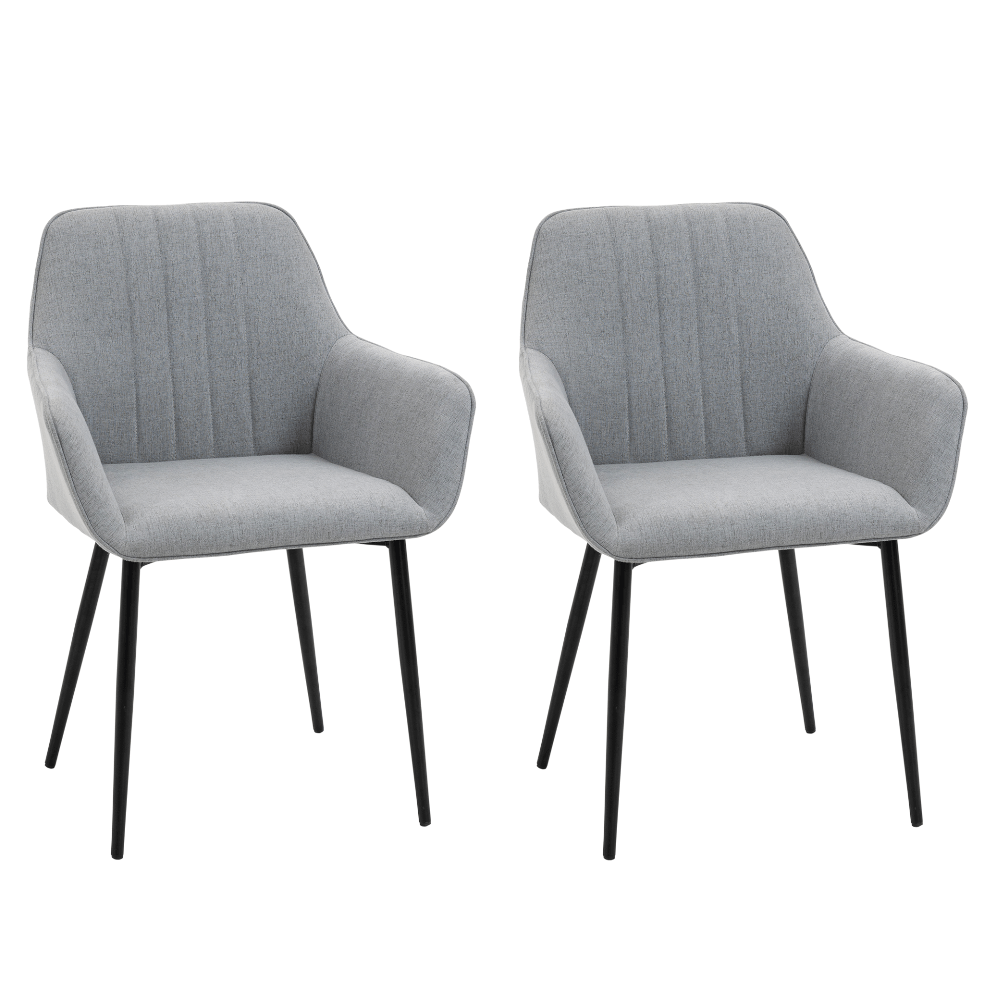 Mid-Century Light Grey Dining Chairs - Set of 2, Elevate your dining space with our Set of 2 Light Grey Linen Upholstered Dining Chairs, metal legs and mid-century modern design. Perfect for dining rooms.