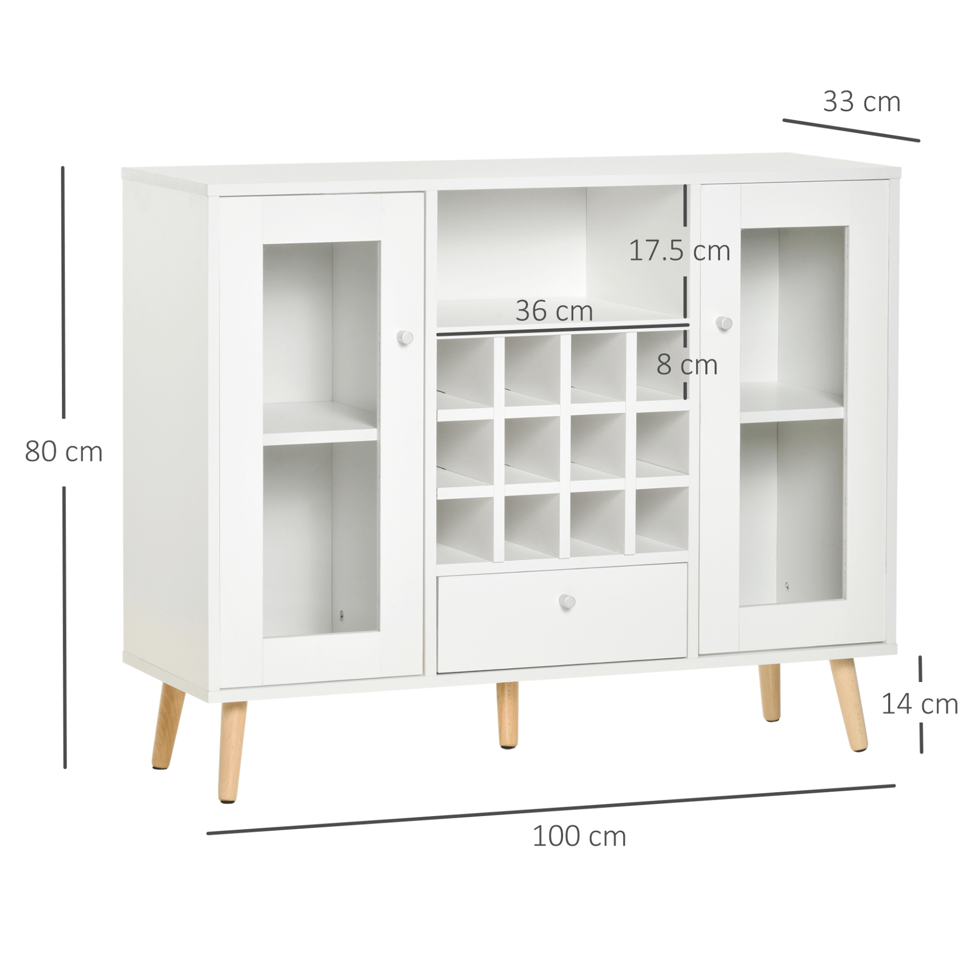 HOMCOM Modern Sideboard Storage Cabinet - White, Upgrade your space with the HOMCOM Sideboard. Features glass doors, a drawer, and a 12-bottle wine rack for stylish storage solutions.