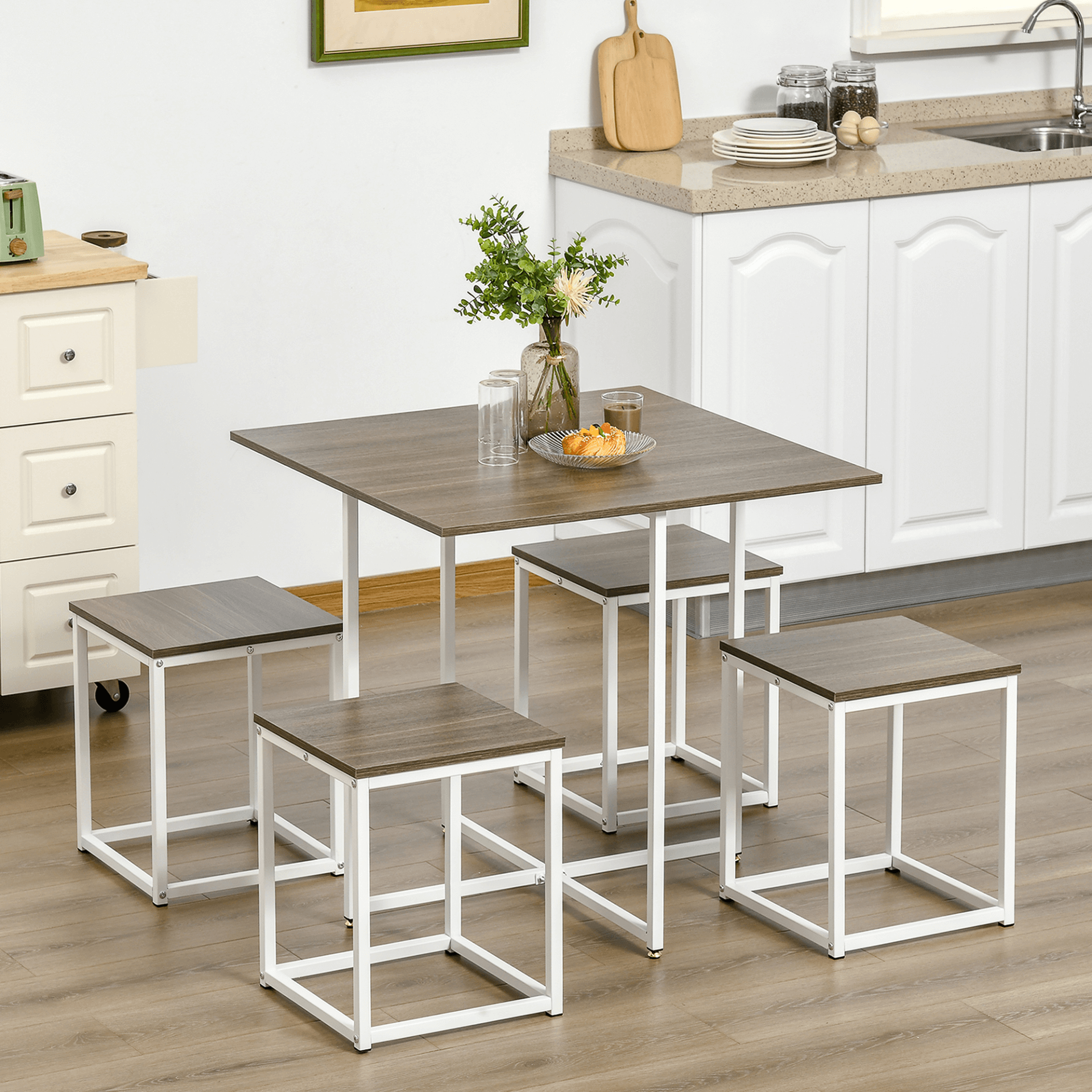 5-Piece Modern Walnut Dining Table Set | HOMCOM, Elevate your dining space with HOMCOM's 5-Piece Walnut Dining Table Set. Perfect for family meals, it includes 4 chairs and space-saving design.