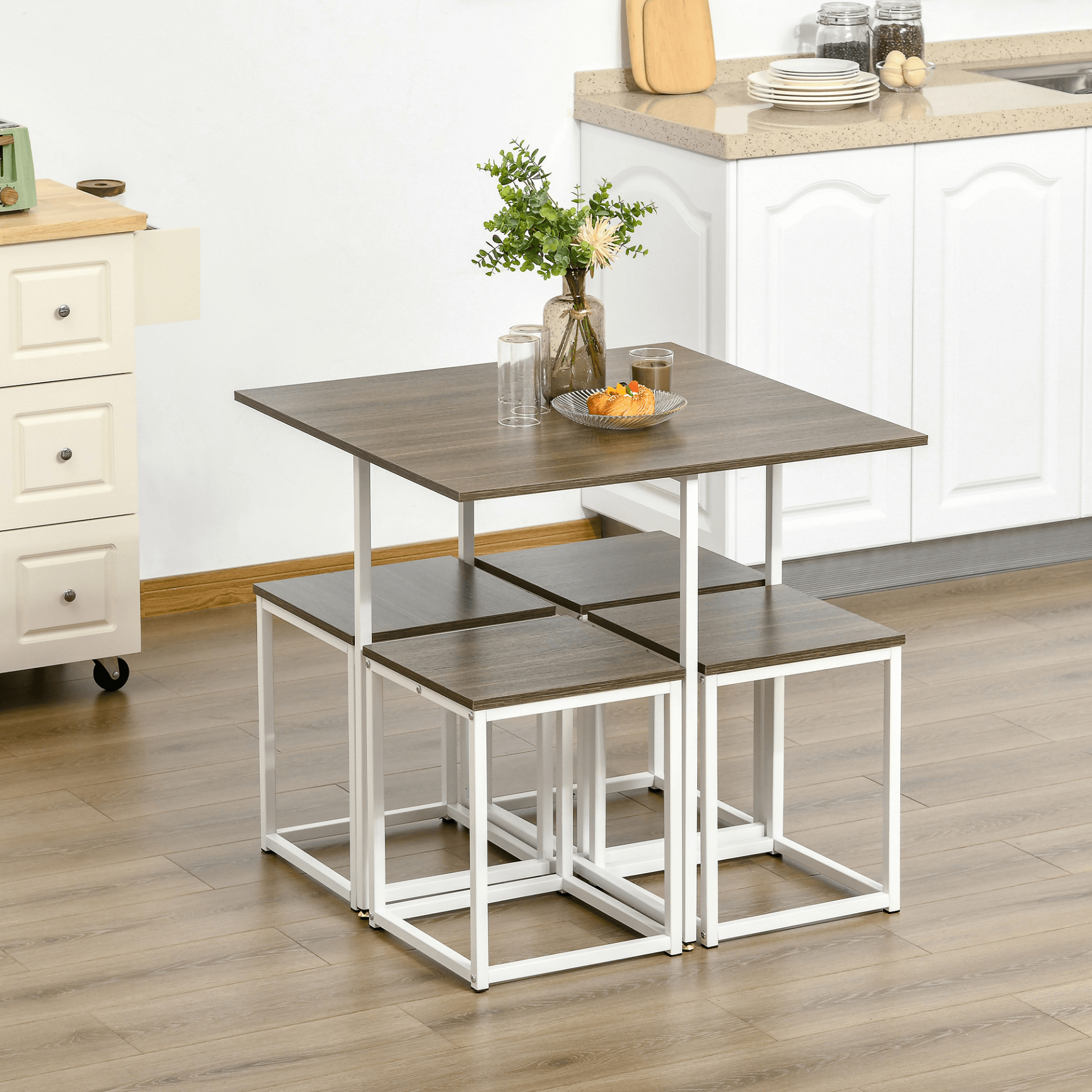 5-Piece Modern Walnut Dining Table Set | HOMCOM, Elevate your dining space with HOMCOM's 5-Piece Walnut Dining Table Set. Perfect for family meals, it includes 4 chairs and space-saving design.