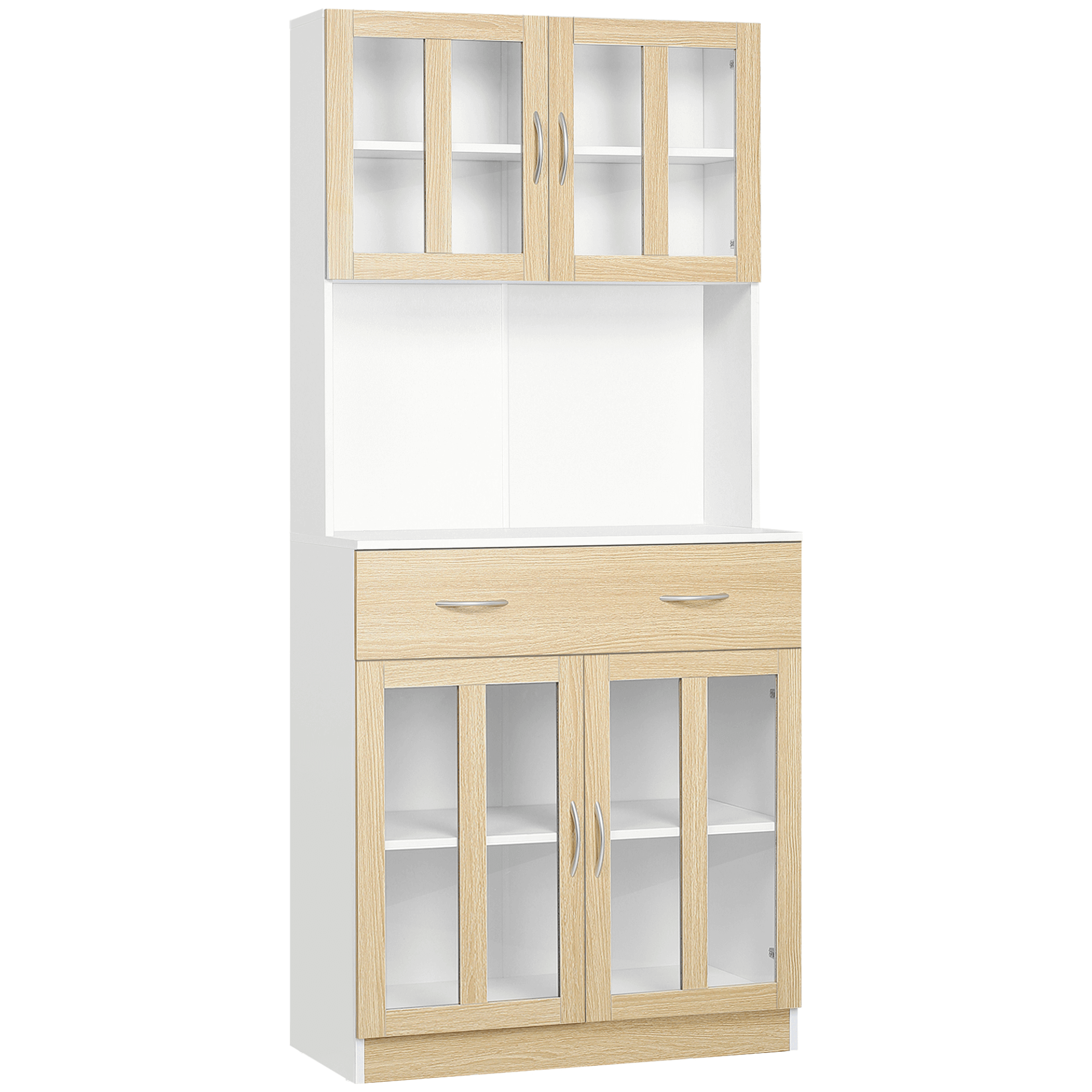 HOMCOM Modern Freestanding Kitchen Cupboard – 180cm, Discover elegant storage with our 180cm kitchen cupboard featuring a central drawer and stylish glass doors for your tableware and glassware.