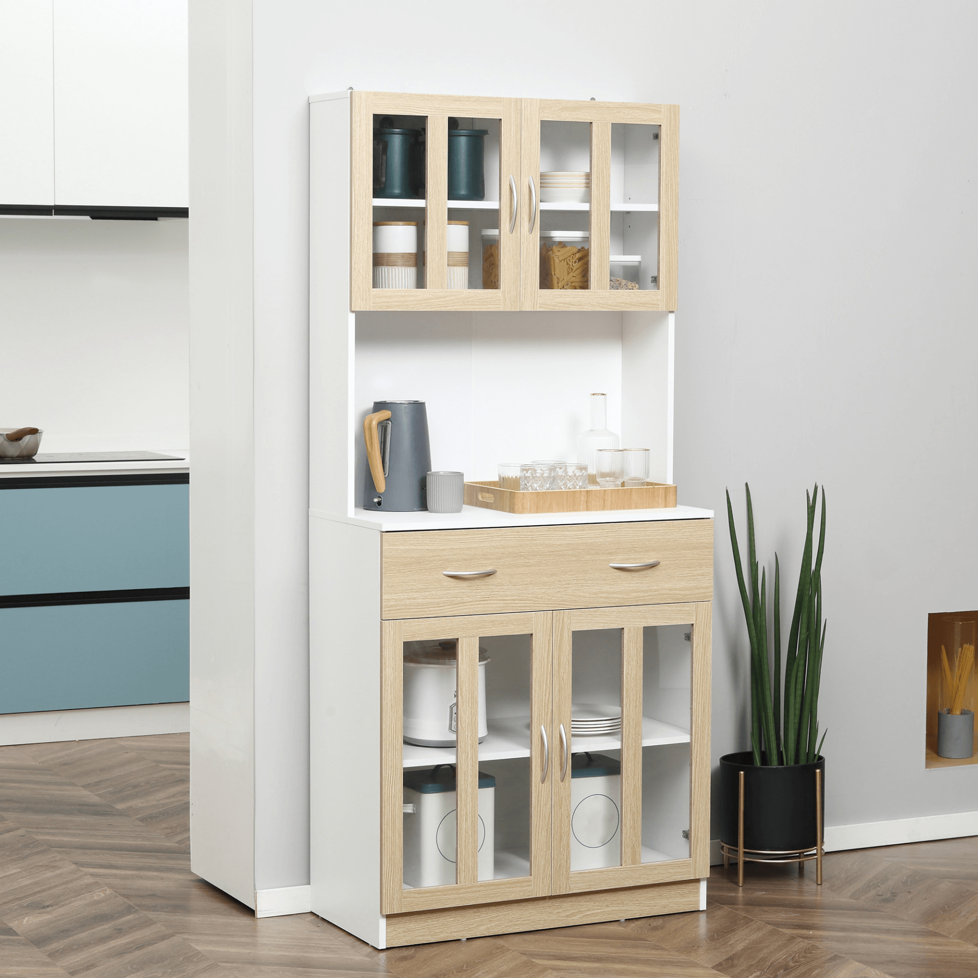 HOMCOM Modern Freestanding Kitchen Cupboard – 180cm, Discover elegant storage with our 180cm kitchen cupboard featuring a central drawer and stylish glass doors for your tableware and glassware.