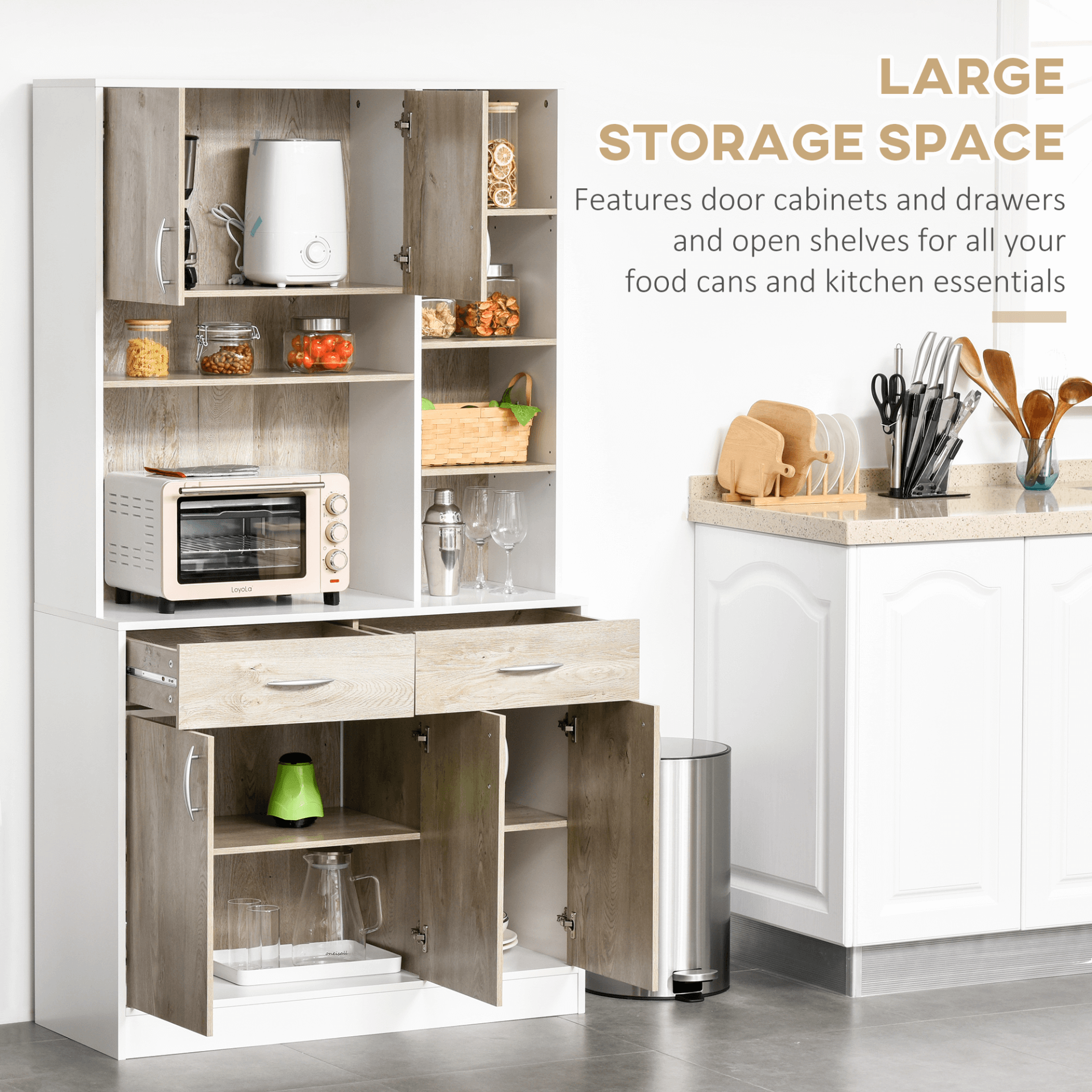 HOMCOM Kitchen Cupboard Sideboard Storage Unit, Versatile HOMCOM storage sideboard with adjustable shelves and drawers. Perfect for kitchens, dining rooms, and living areas.