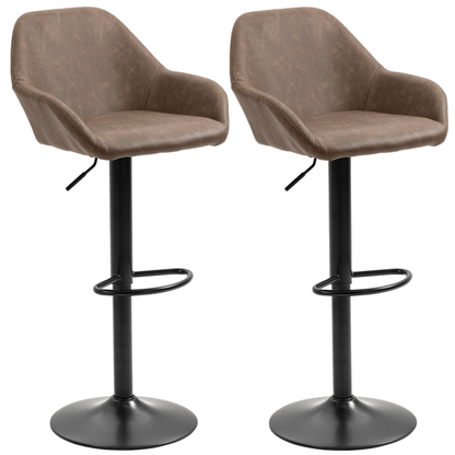 HOMCOM Adjustable Swivel Bar Stools Set of 2 - Dark Brown, Elevate your space with these stylish adjustable bar stools in dark brown PU leather. Perfect for kitchens and dining rooms.