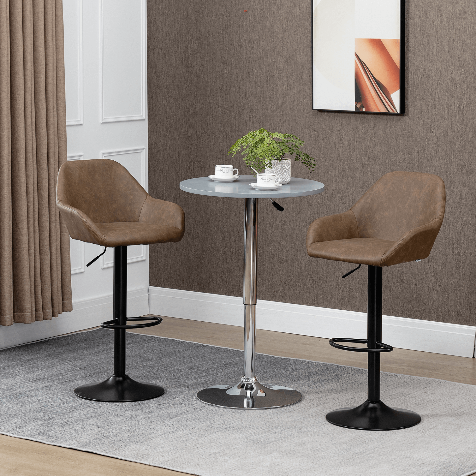 HOMCOM Adjustable Swivel Bar Stools Set of 2 - Dark Brown, Elevate your space with these stylish adjustable bar stools in dark brown PU leather. Perfect for kitchens and dining rooms.