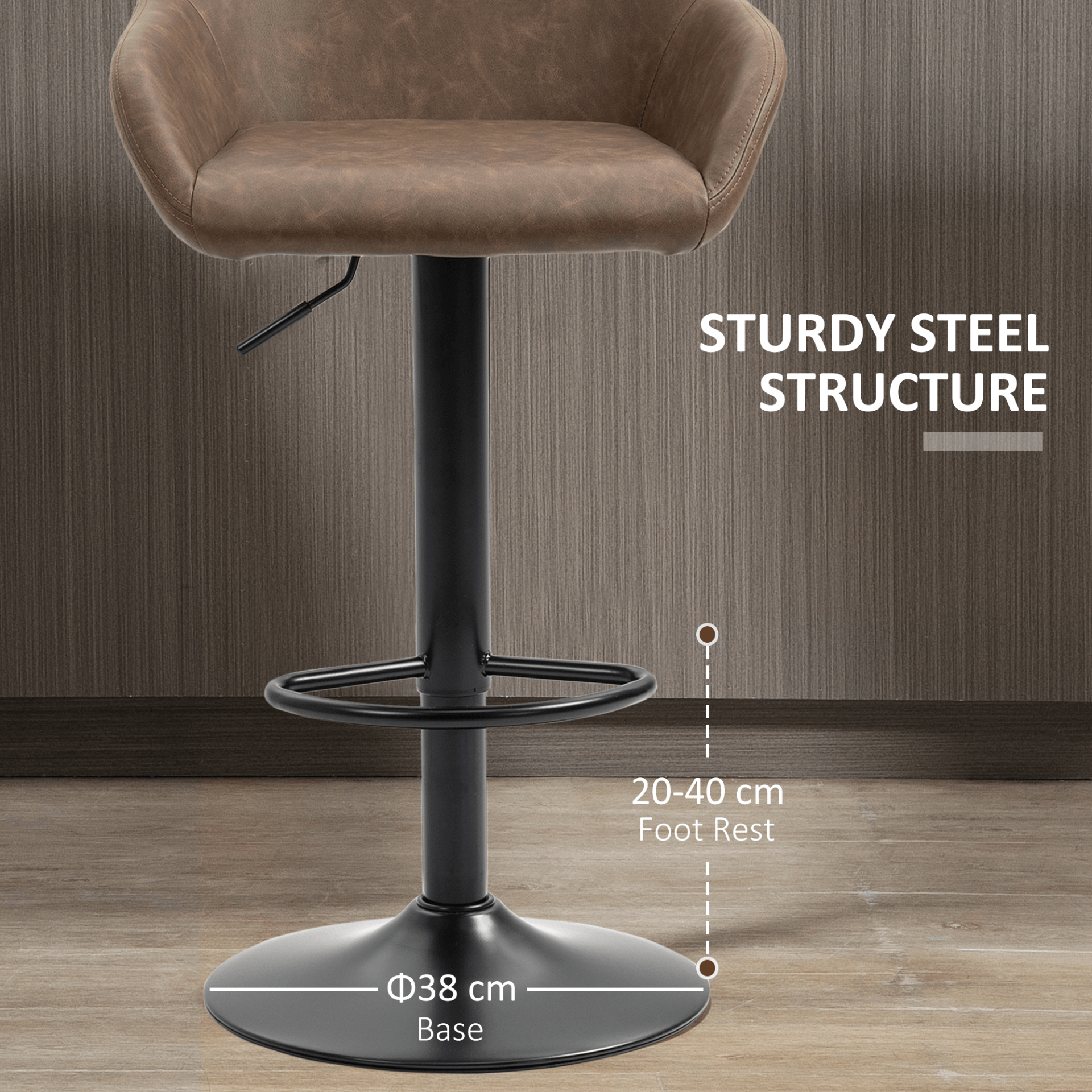 HOMCOM Adjustable Swivel Bar Stools Set of 2 - Dark Brown, Elevate your space with these stylish adjustable bar stools in dark brown PU leather. Perfect for kitchens and dining rooms.