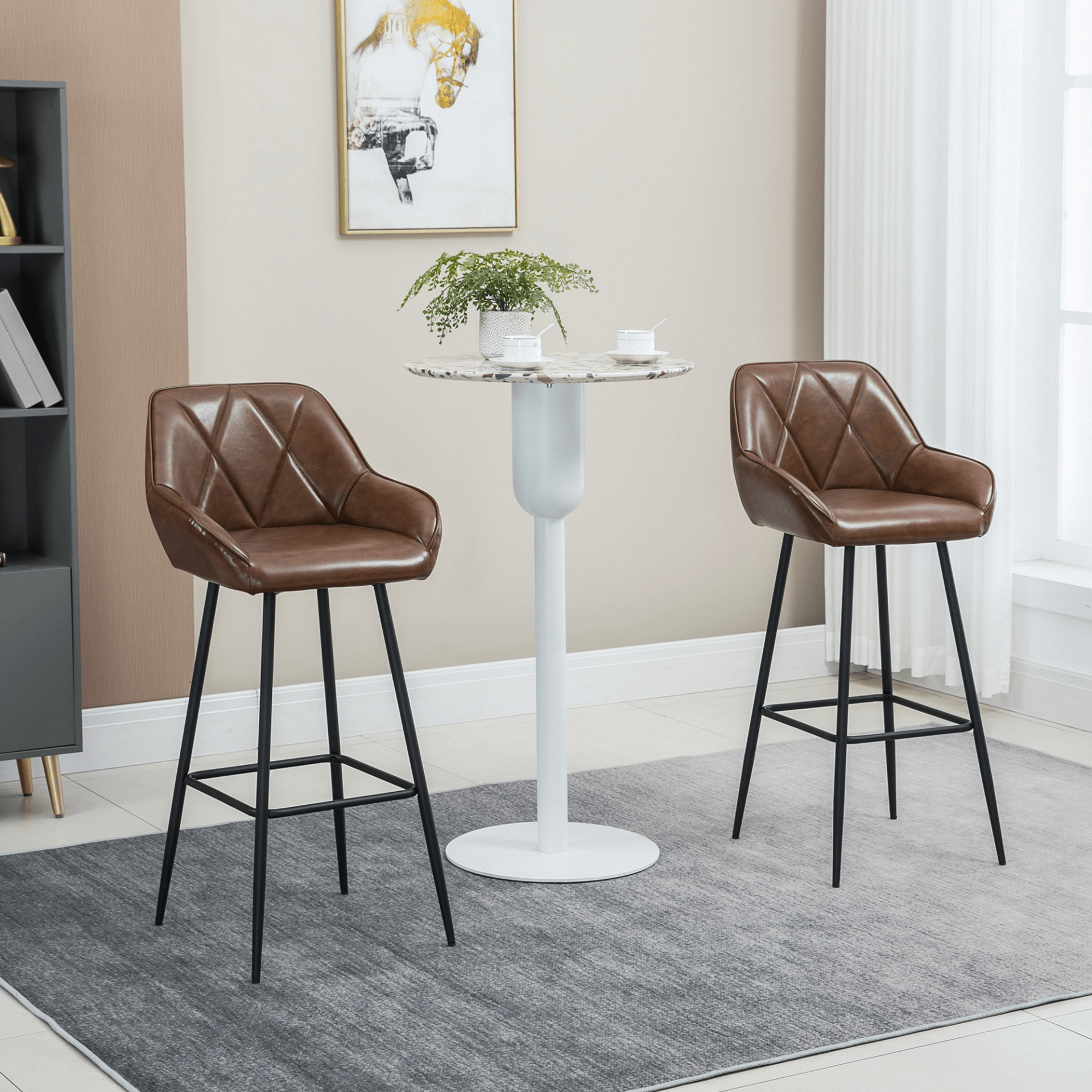 HOMCOM Set of 2 Retro Bar Stools - Elegant Brown Design, Elevate your dining area with HOMCOM's sleek retro bar stools. This set of two features faux leather upholstery and stylish steel legs.