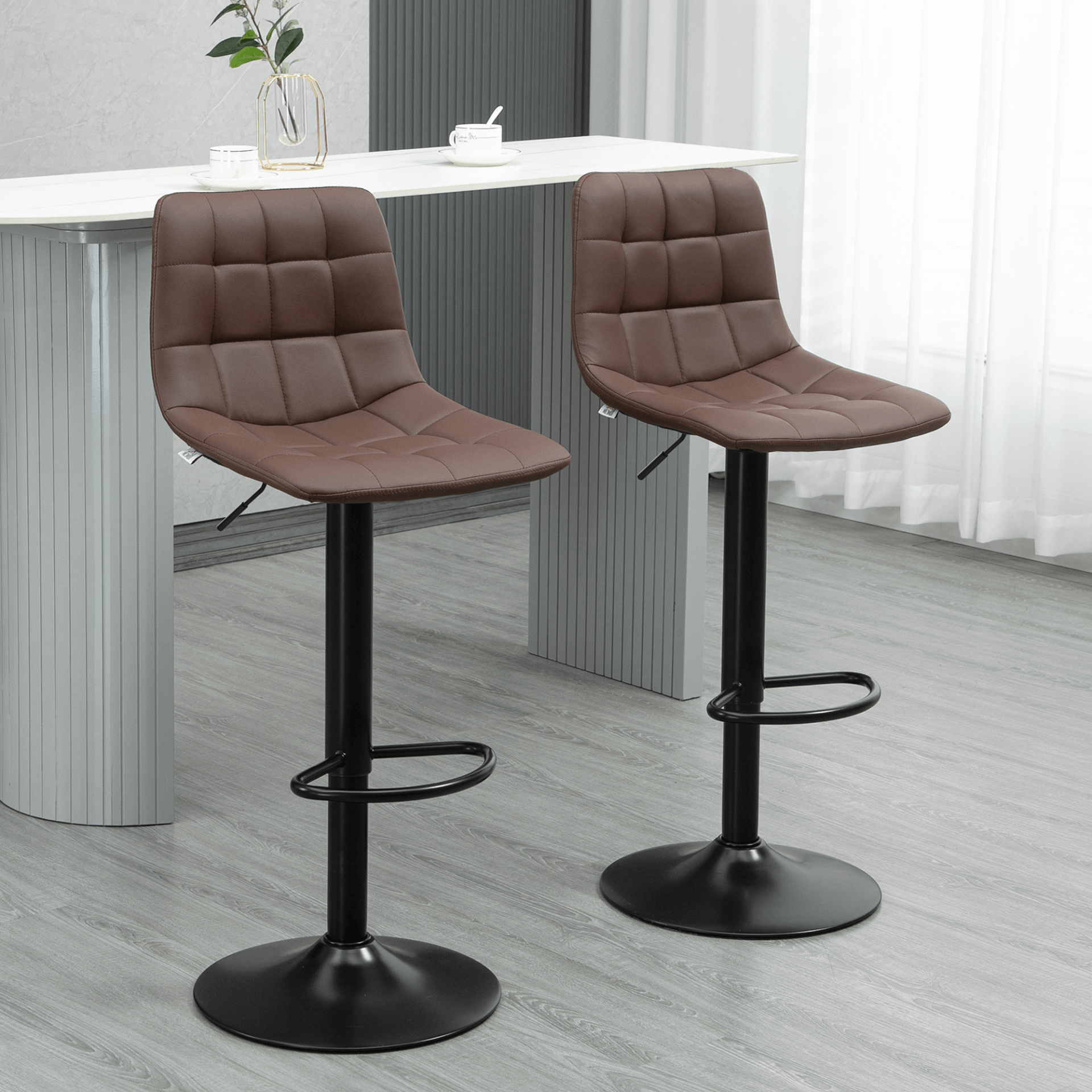 HOMCOM Adjustable Bar Stools Set of 2 - Brown, Enjoy comfort and style with these modern swivel bar stools, perfect for any kitchen or home pub. Upgrade your seating experience today!