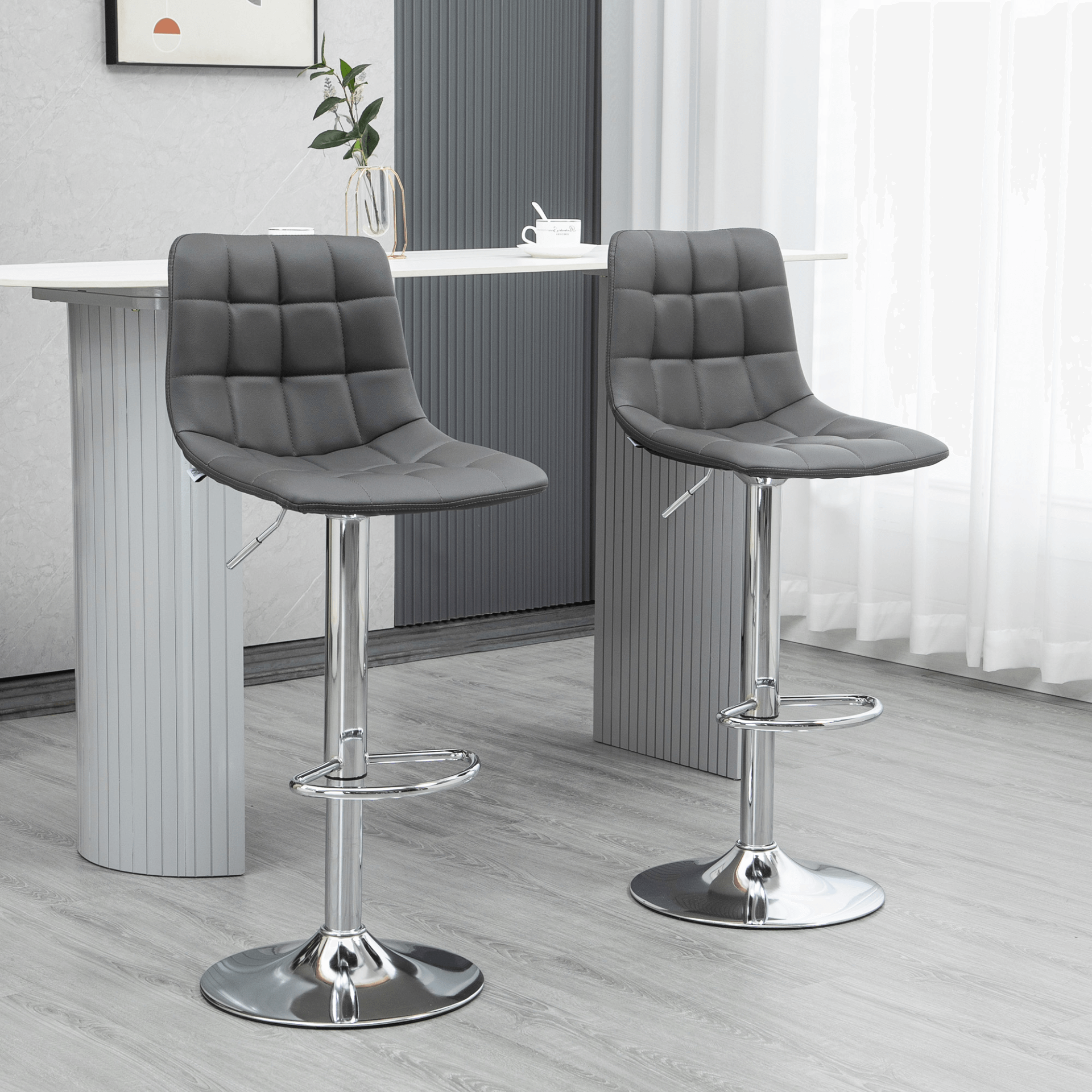 HOMCOM Set of 2 Adjustable Grey Bar Stools, Upgrade your kitchen or home bar with stylish HOMCOM 360° swivel grey stools, offering comfort and functionality in every sit.