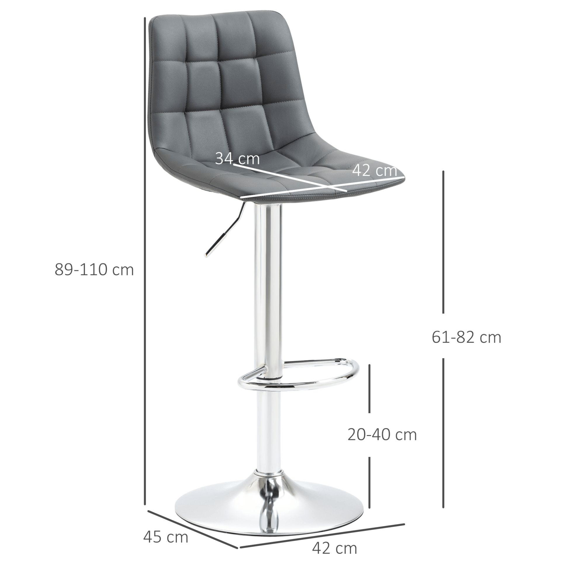 HOMCOM Set of 2 Adjustable Grey Bar Stools, Upgrade your kitchen or home bar with stylish HOMCOM 360° swivel grey stools, offering comfort and functionality in every sit.