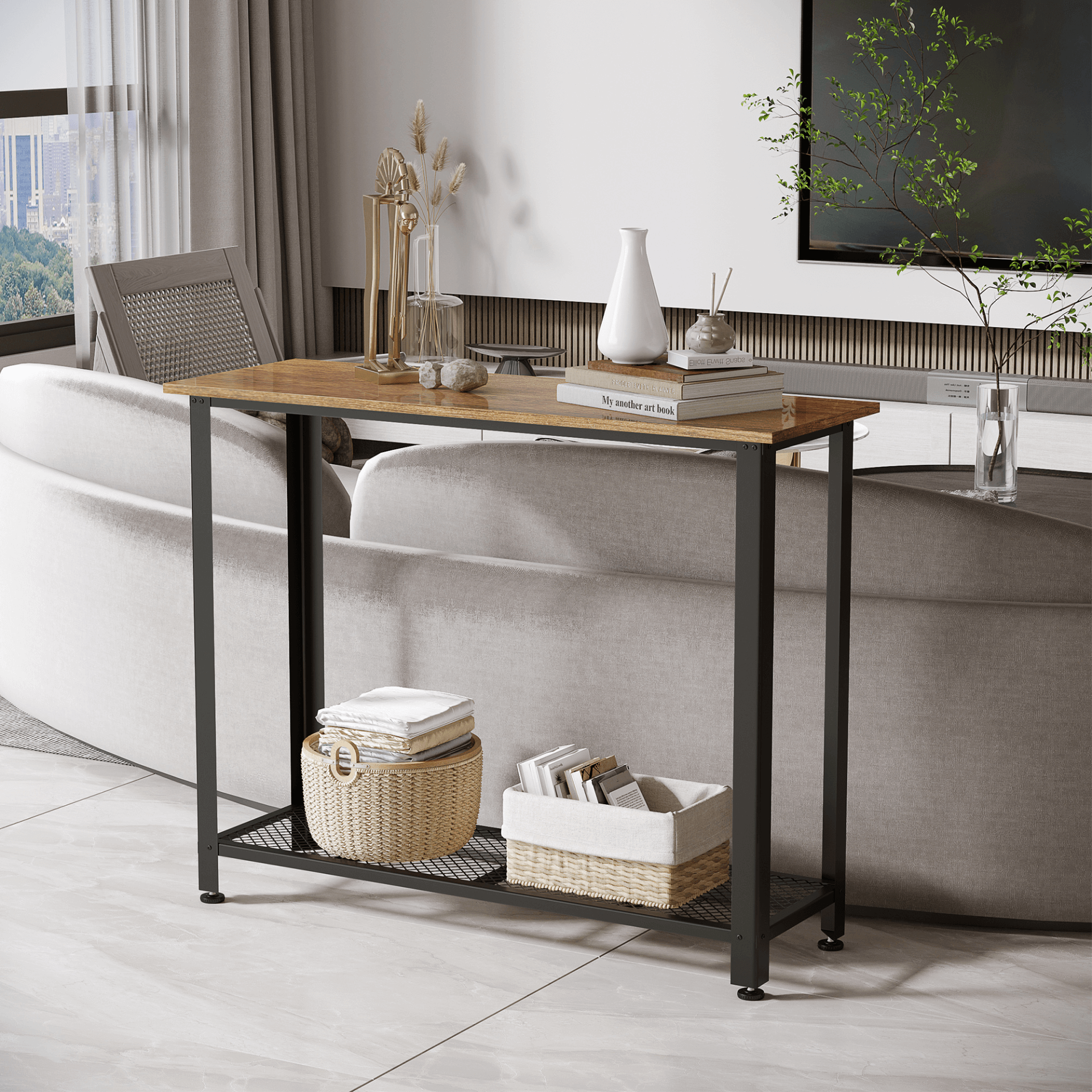 Vintage Industrial Console Table - Rustic Brown, Enhance your decor with this vintage console table. Perfect for hallway or living room, it features a sturdy metal frame and bottom mesh shelf.