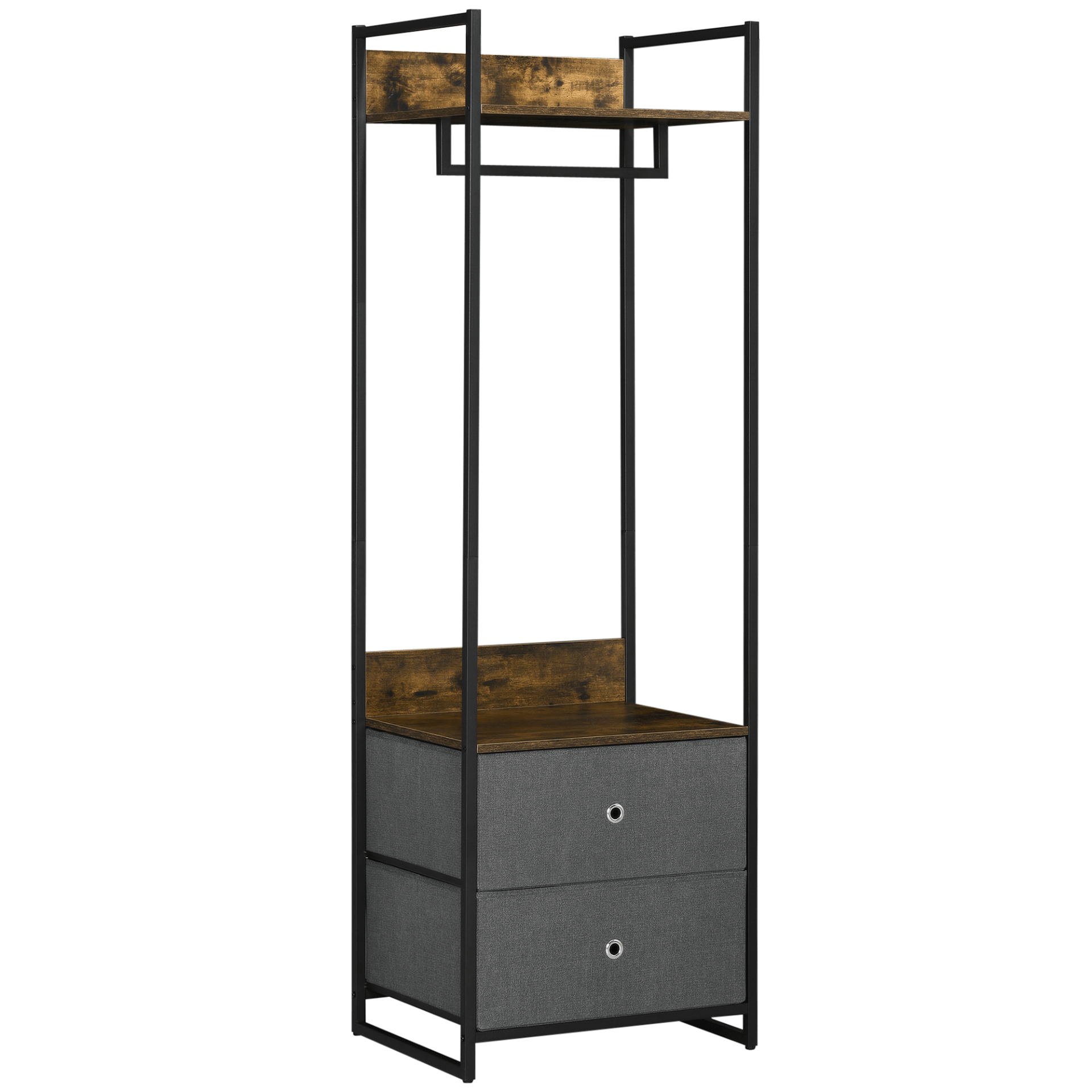 HOMCOM Rustic Clothes Rail & Storage Drawers, Stylish garment rack with metal coat stand and fabric drawers. Perfect for organizing bedrooms, hallways, and dressing rooms.