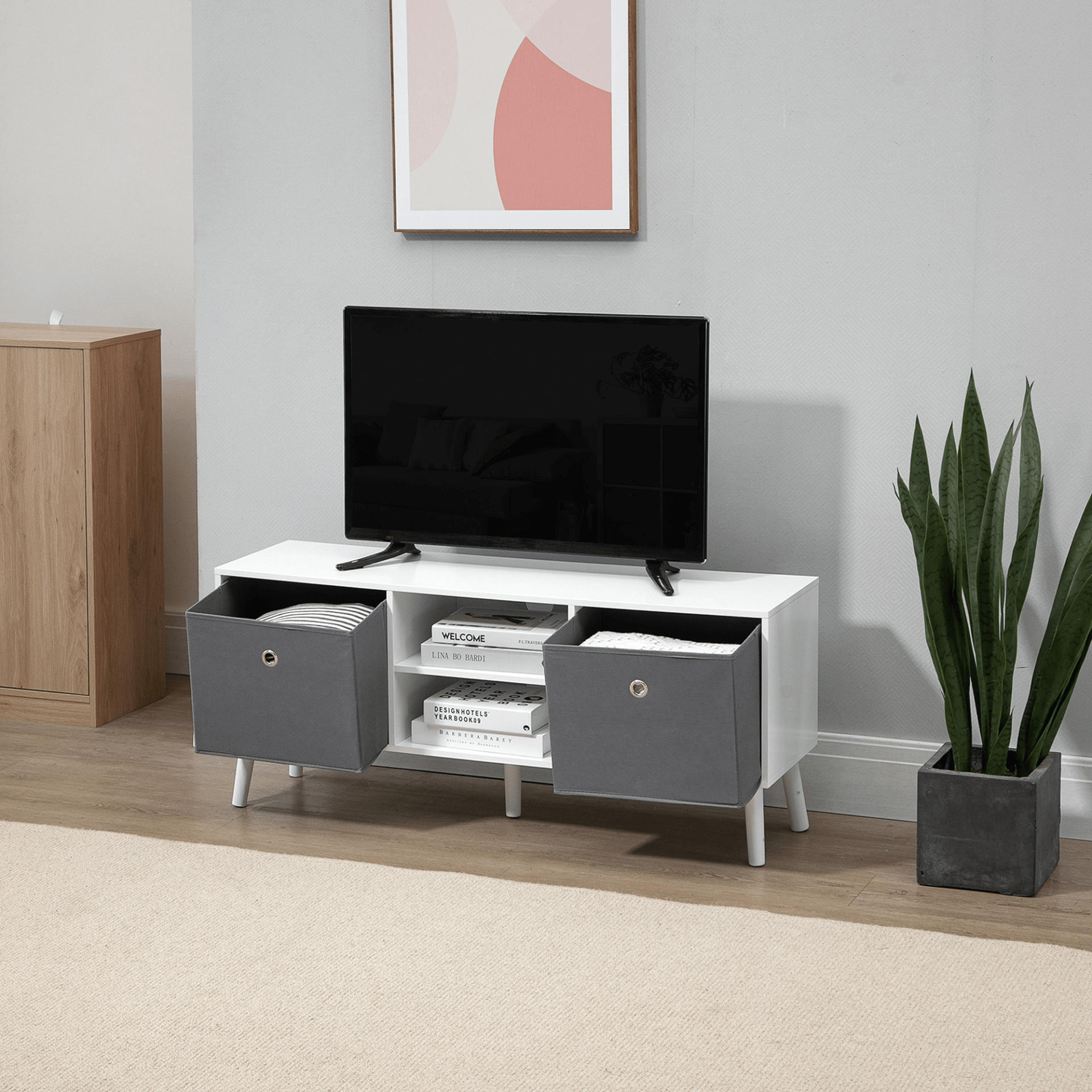 TV Cabinet Stand with Foldable Drawers & Shelves, Organize your space with our TV cabinet for 50