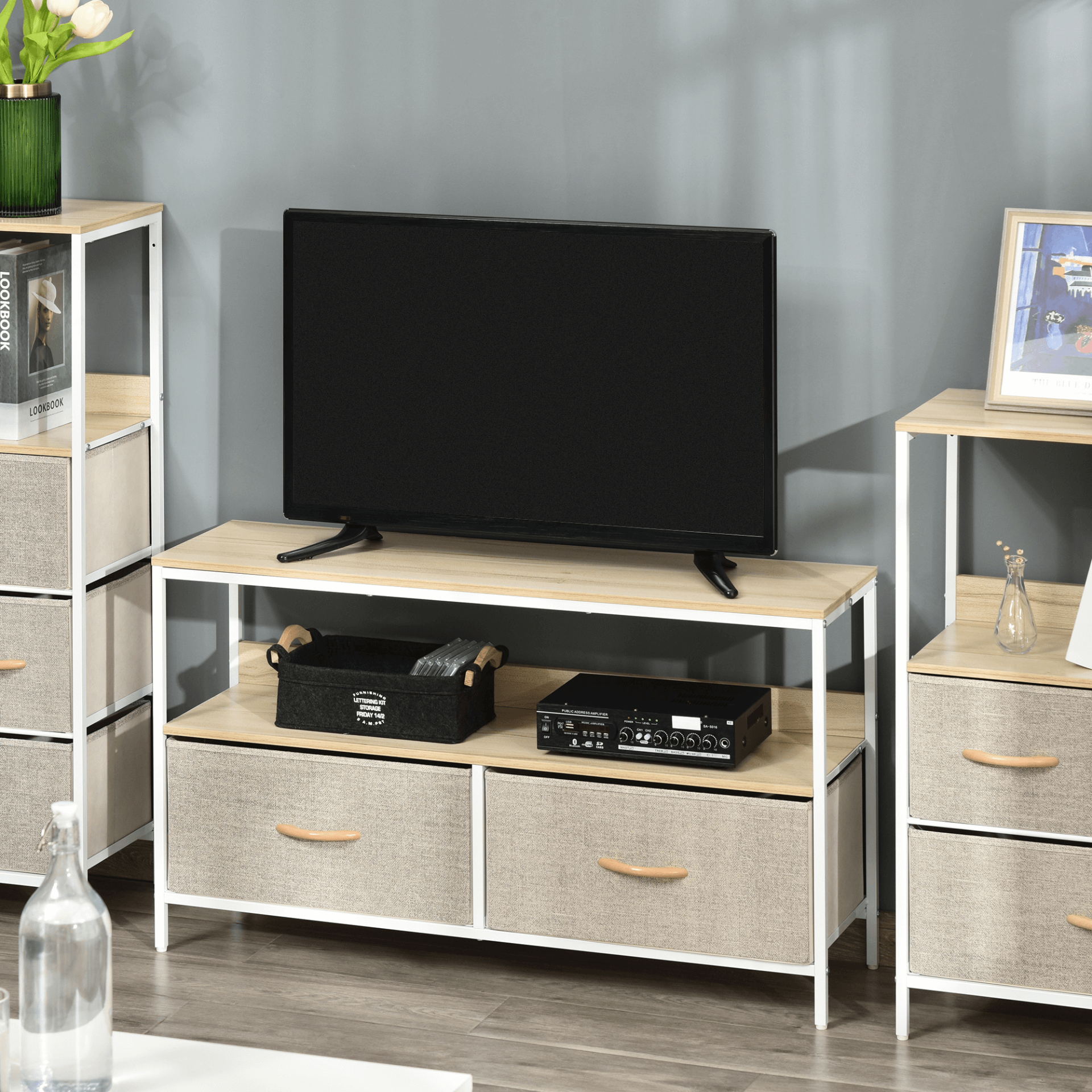 Stylish Maple Wood TV Cabinet with Linen Drawers, Upgrade your living room with our maple wood TV cabinet. Features foldable linen drawers and shelves for ample storage. Stylish and durable design.