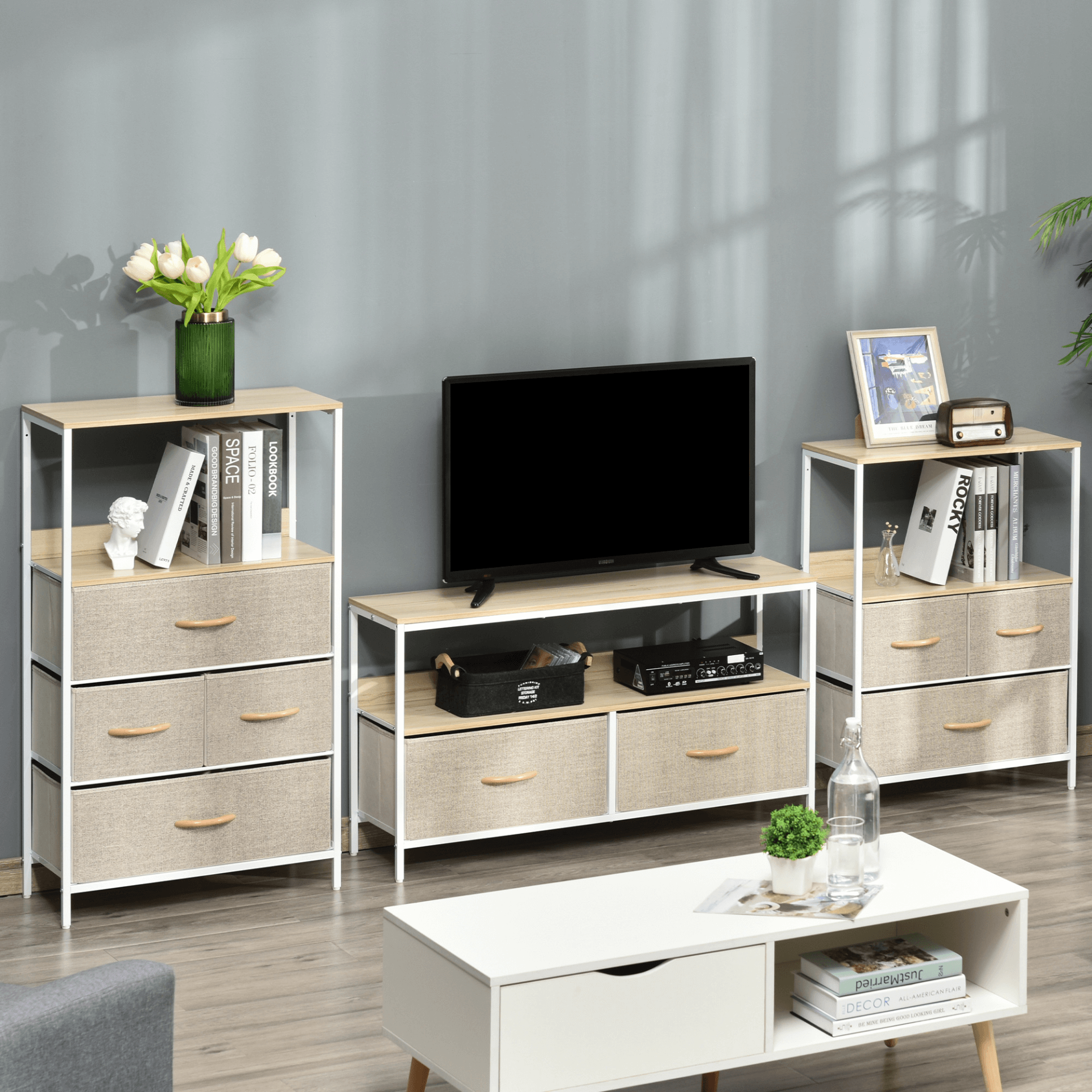 Stylish Maple Wood TV Cabinet with Linen Drawers, Upgrade your living room with our maple wood TV cabinet. Features foldable linen drawers and shelves for ample storage. Stylish and durable design.