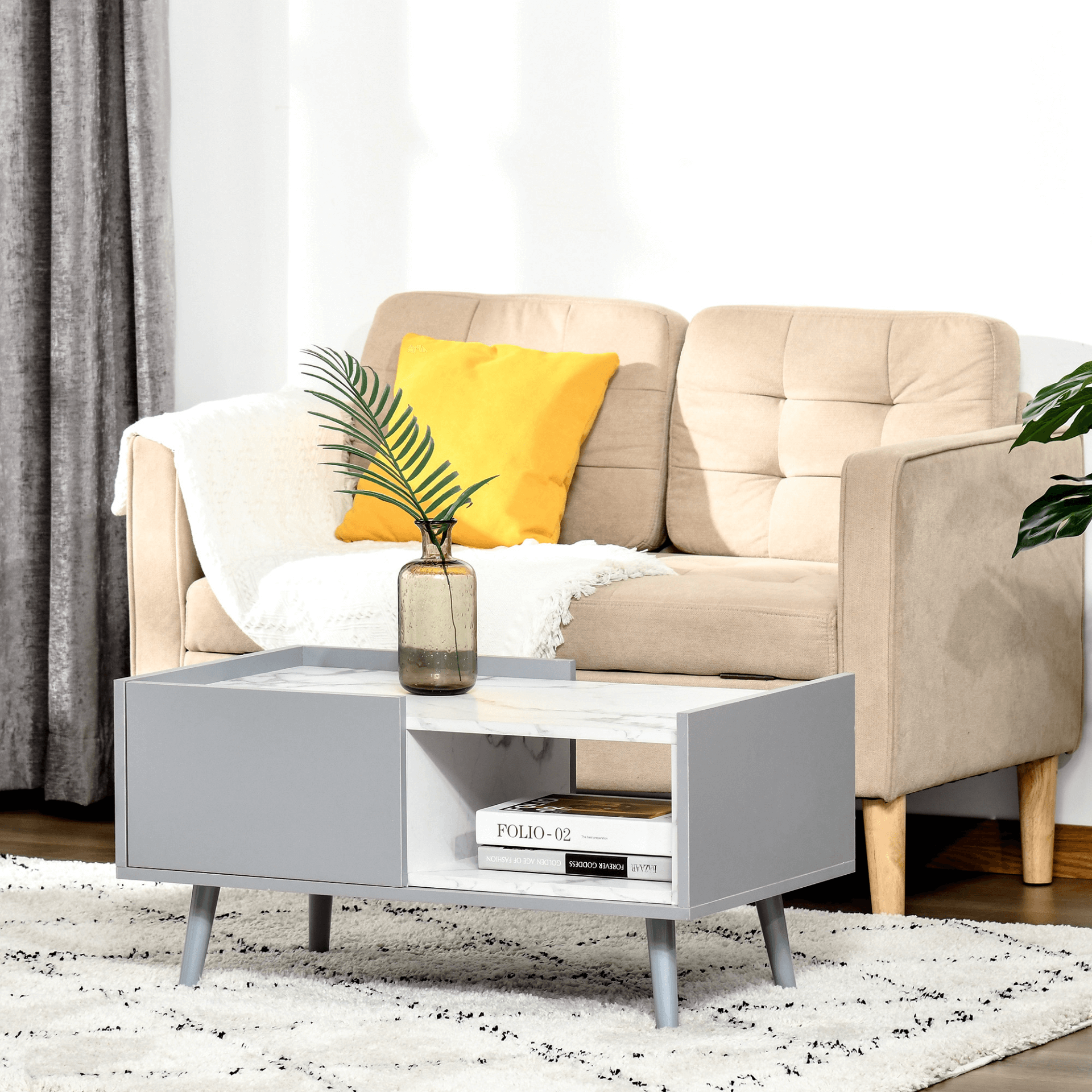 Modern Marble-Effect Coffee Table with Storage, Elevate your living room with a stylish marble-effect coffee table. Features a two-tone design, inner storage, and a sleek look. Perfect for modern decor.