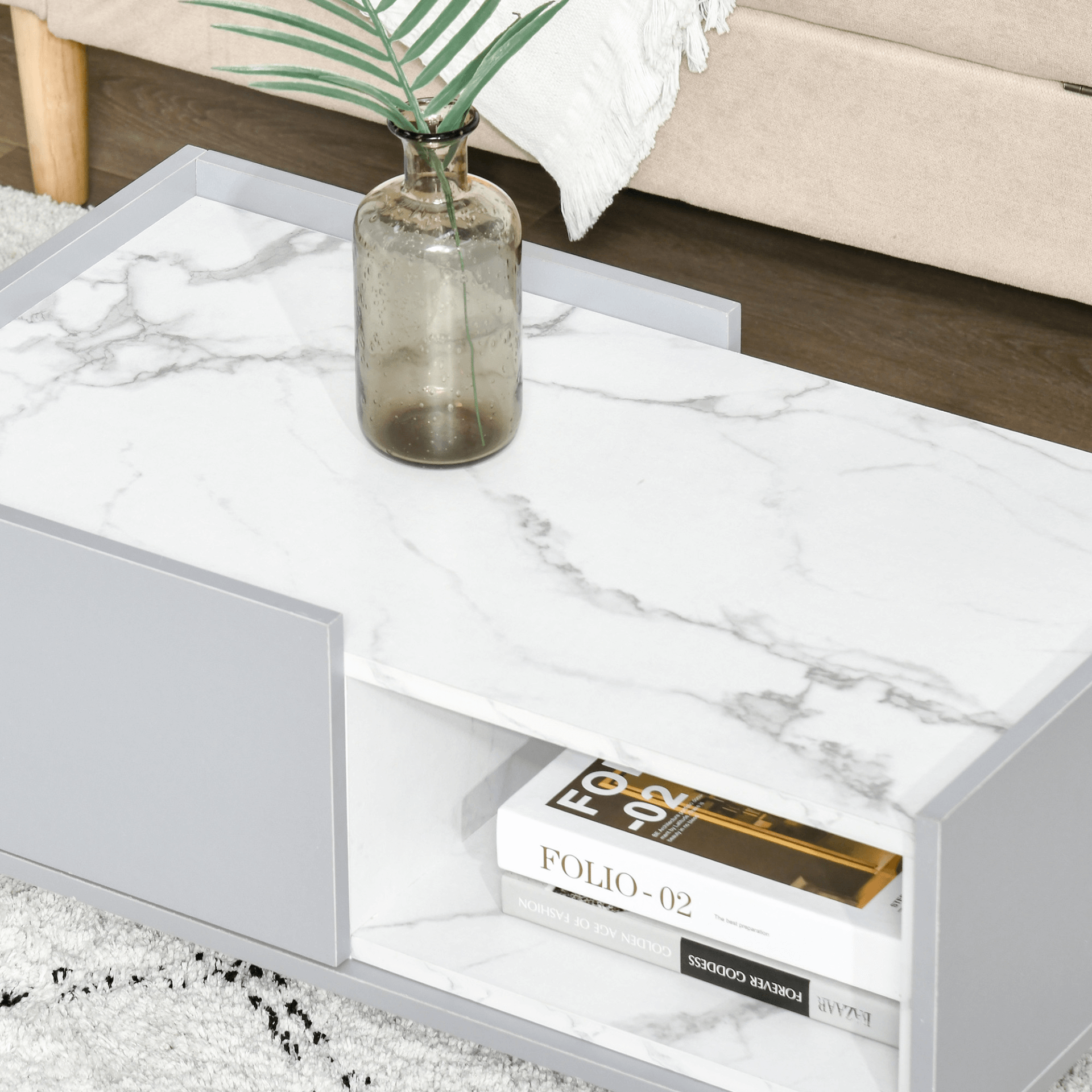 Modern Marble-Effect Coffee Table with Storage, Elevate your living room with a stylish marble-effect coffee table. Features a two-tone design, inner storage, and a sleek look. Perfect for modern decor.