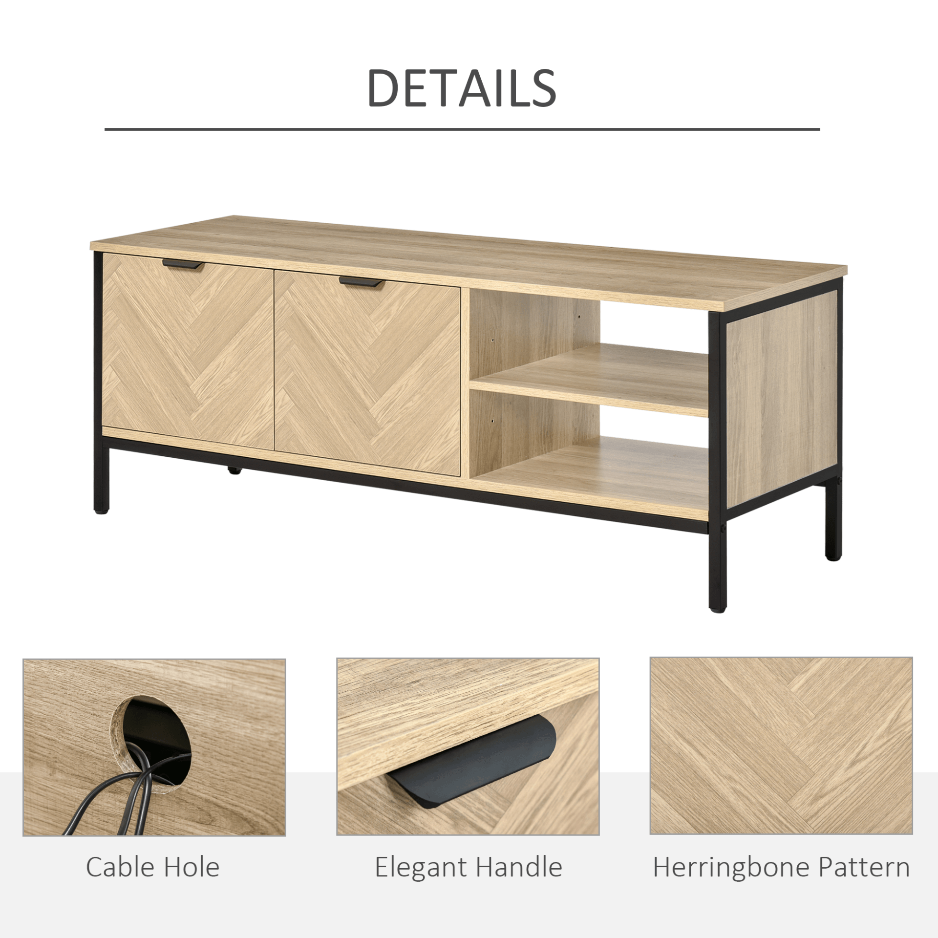 Double Door TV Cabinet Stand with Storage, Living or bedroom stylish, natural finish TV cabinet stand. Features double-door storage and adjustable shelves. Perfect for your entertainment setup!