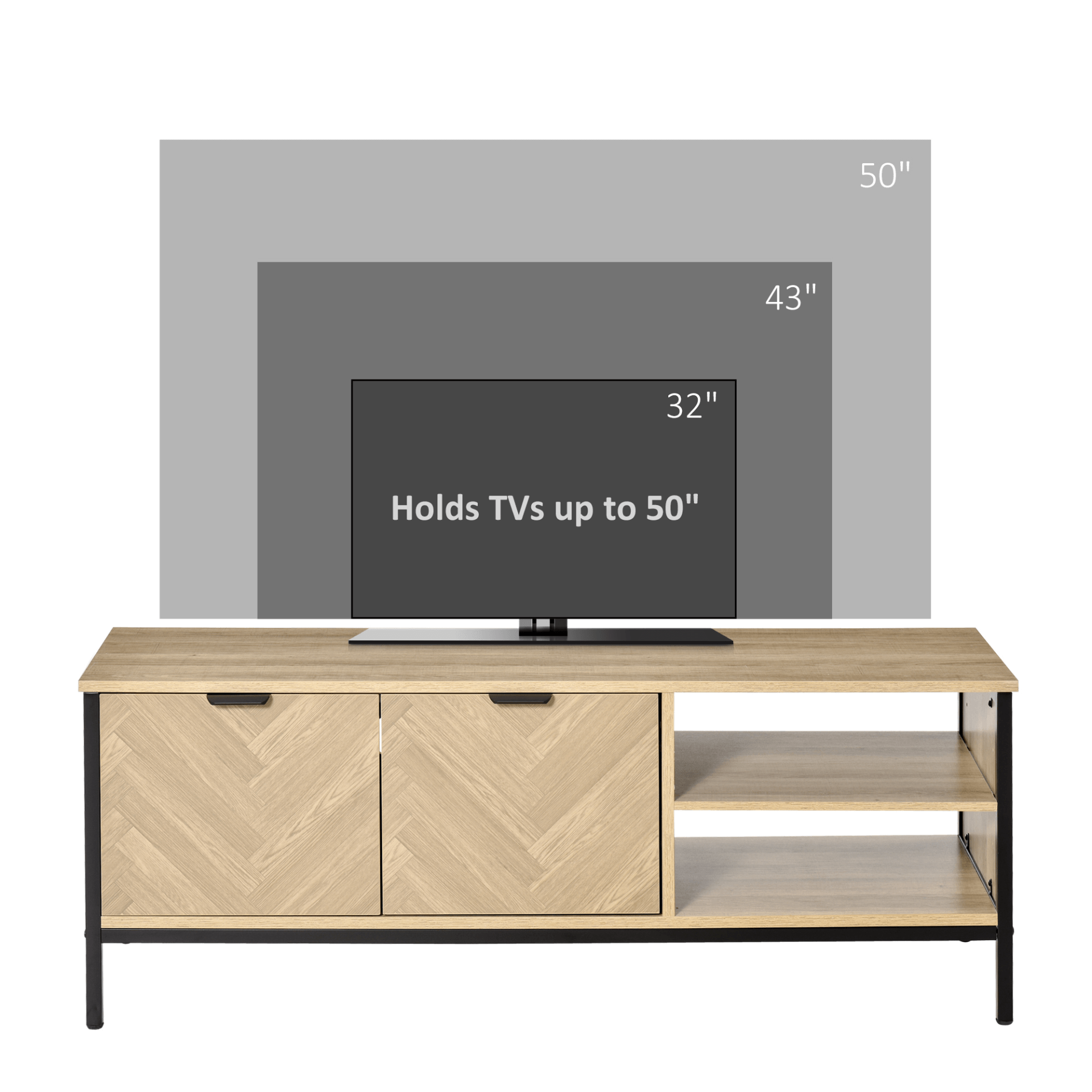 Double Door TV Cabinet Stand with Storage, Living or bedroom stylish, natural finish TV cabinet stand. Features double-door storage and adjustable shelves. Perfect for your entertainment setup!