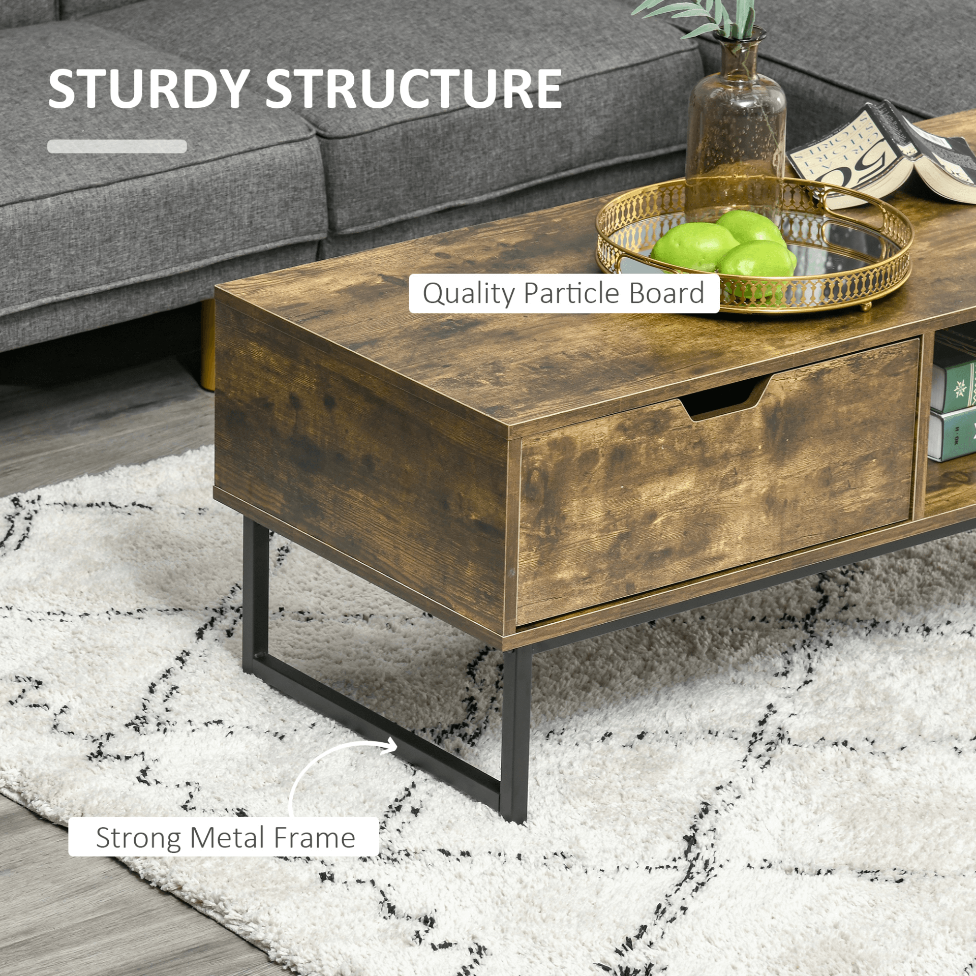 Rustic Industrial Coffee Table with Storage, Upgrade your space with this Industrial Coffee Table. Features a rustic wooden top, metal frame, and ample storage. Perfect for living rooms, or receptions.