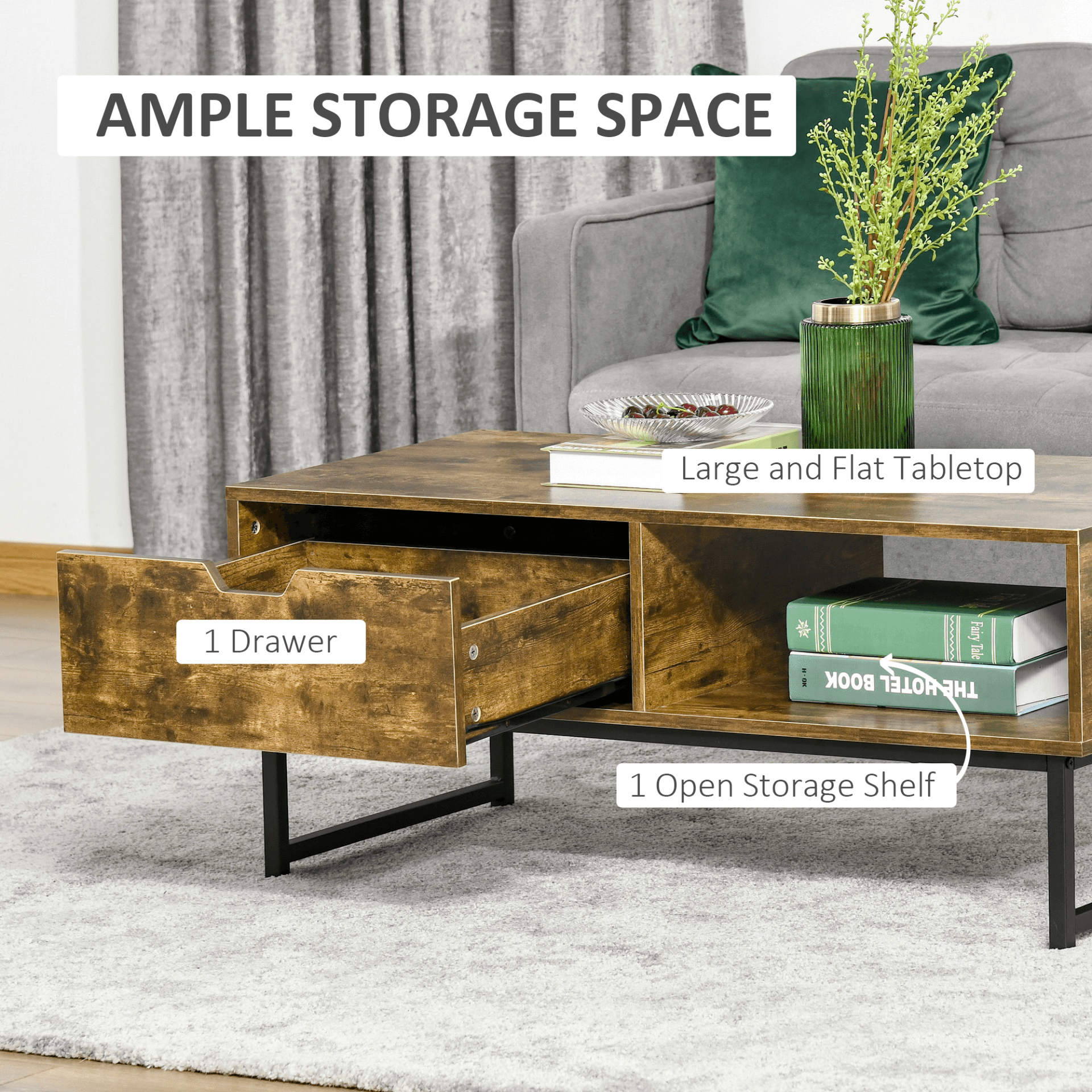 Rustic Industrial Coffee Table with Storage, Upgrade your space with this Industrial Coffee Table. Features a rustic wooden top, metal frame, and ample storage. Perfect for living rooms, or receptions.