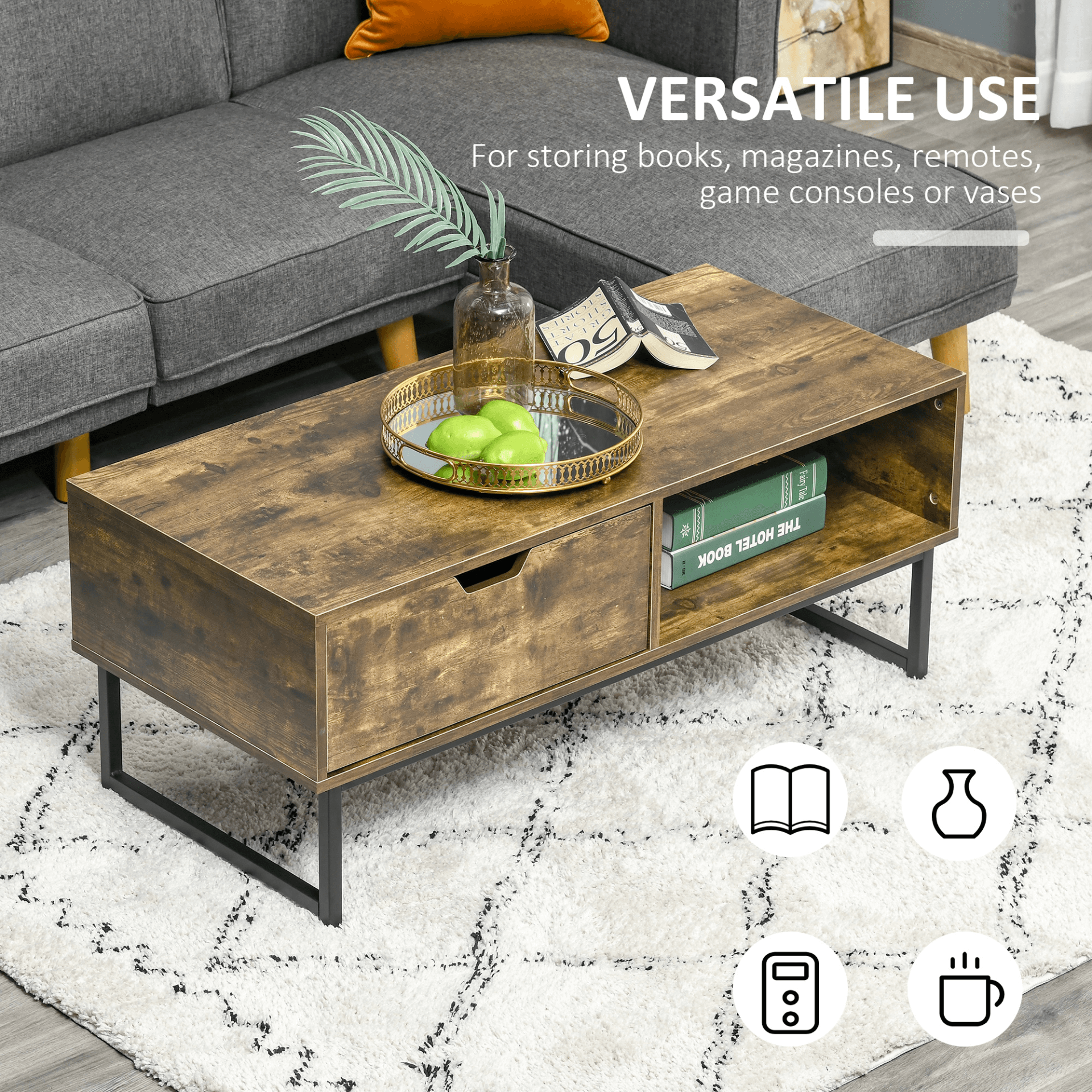 Rustic Industrial Coffee Table with Storage, Upgrade your space with this Industrial Coffee Table. Features a rustic wooden top, metal frame, and ample storage. Perfect for living rooms, or receptions.