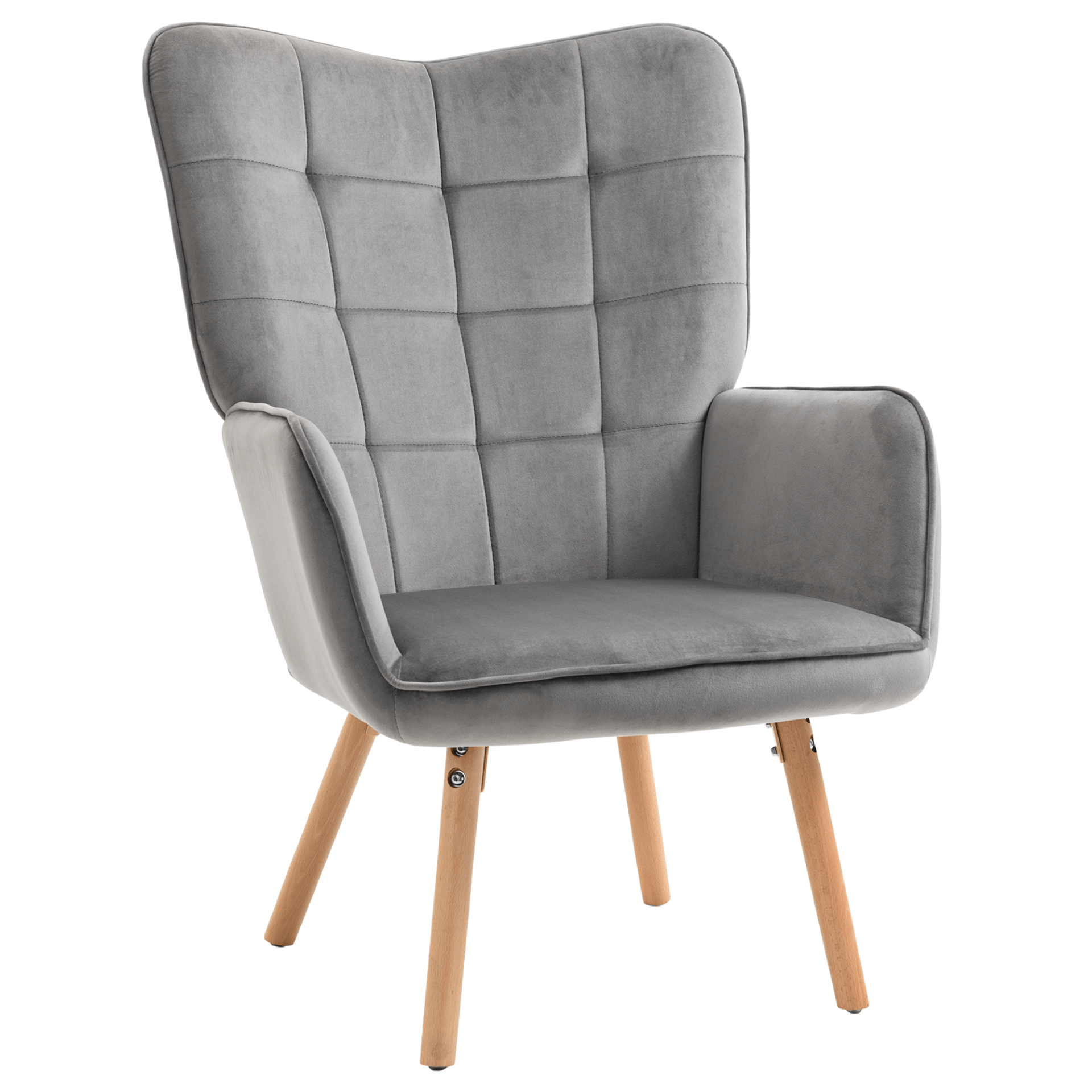 Modern Velvet Tufted Wingback Armchair - Grey, Elevate your space with our Modern Velvet Wingback Armchair. Luxurious tufted design, superior comfort with high-density padding, and durable wooden legs.