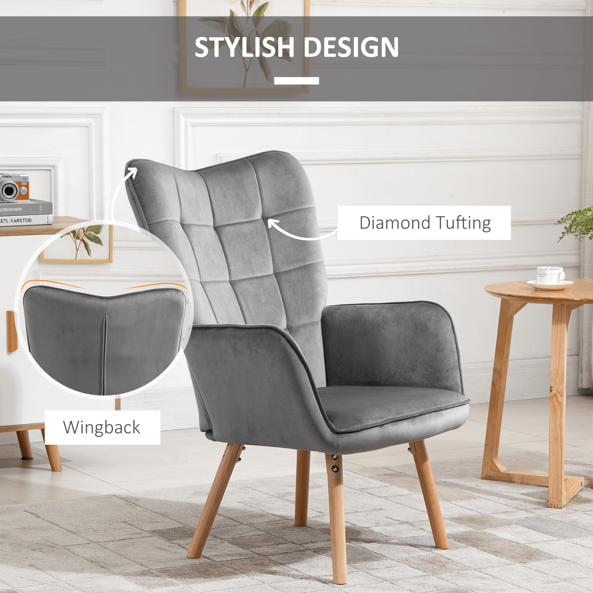 Modern Velvet Tufted Wingback Armchair - Grey, Elevate your space with our Modern Velvet Wingback Armchair. Luxurious tufted design, superior comfort with high-density padding, and durable wooden legs.