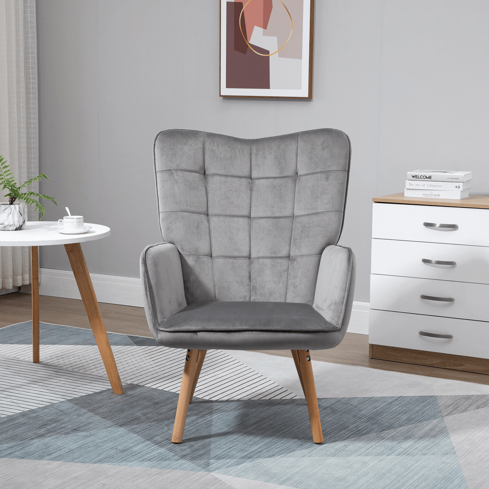 Modern Velvet Tufted Wingback Armchair - Grey, Elevate your space with our Modern Velvet Wingback Armchair. Luxurious tufted design, superior comfort with high-density padding, and durable wooden legs.