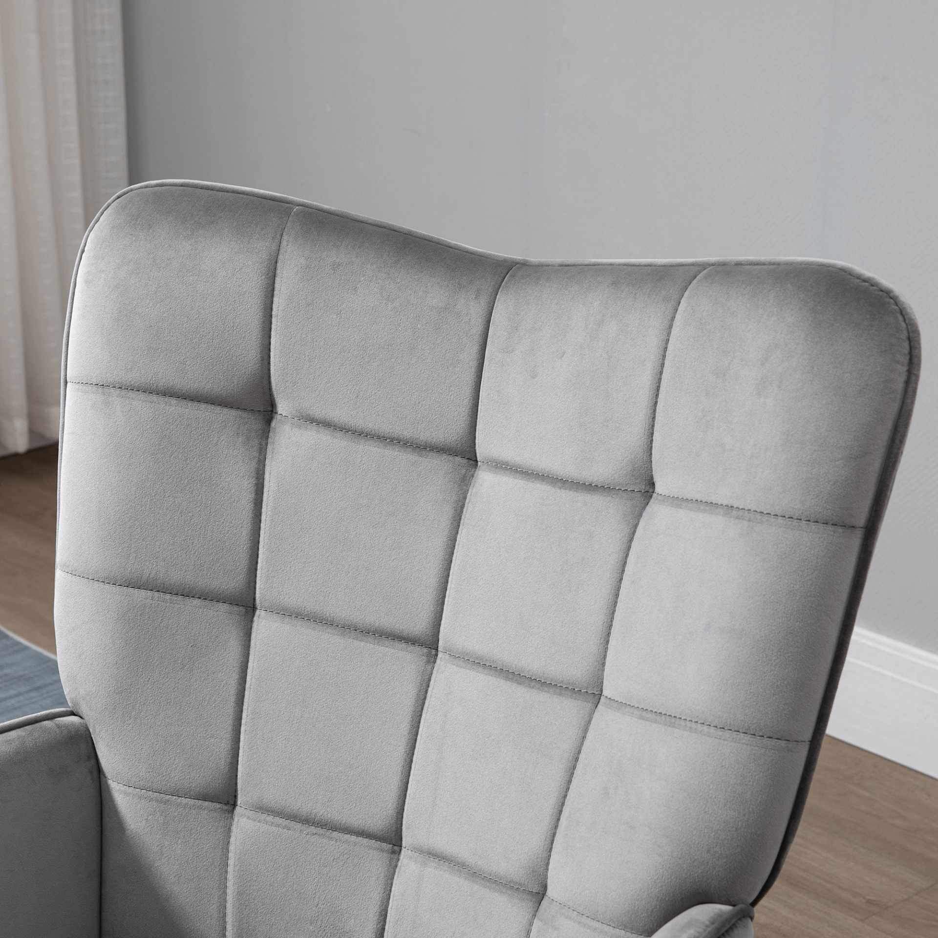 Modern Velvet Tufted Wingback Armchair - Grey, Elevate your space with our Modern Velvet Wingback Armchair. Luxurious tufted design, superior comfort with high-density padding, and durable wooden legs.