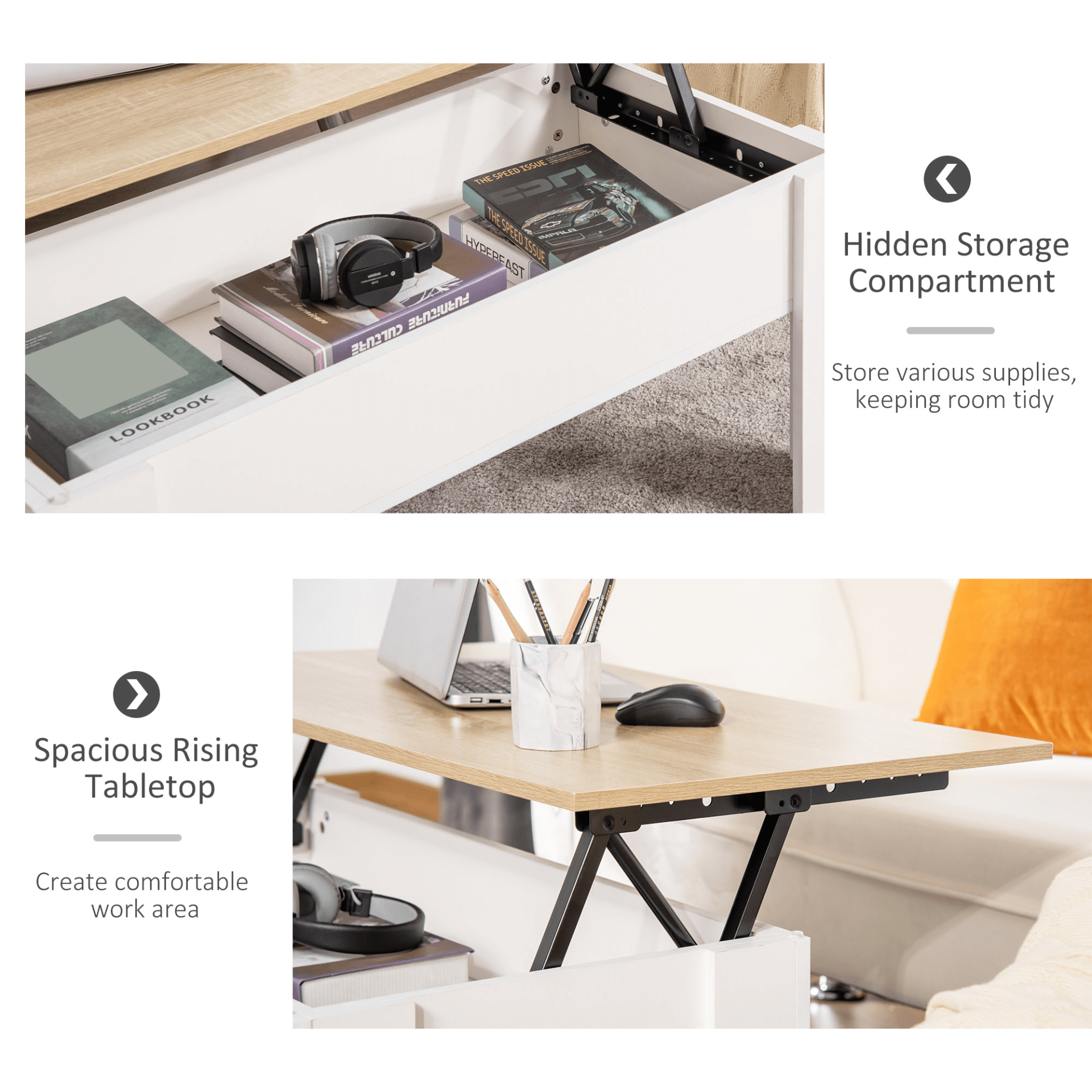 Lift Top Coffee Table with Hidden Storage, Modern Piece, Upgrade your living room with a sleek, multifunctional lift-top coffee table featuring hidden storage and a convenient work surface. Stylish and practical!