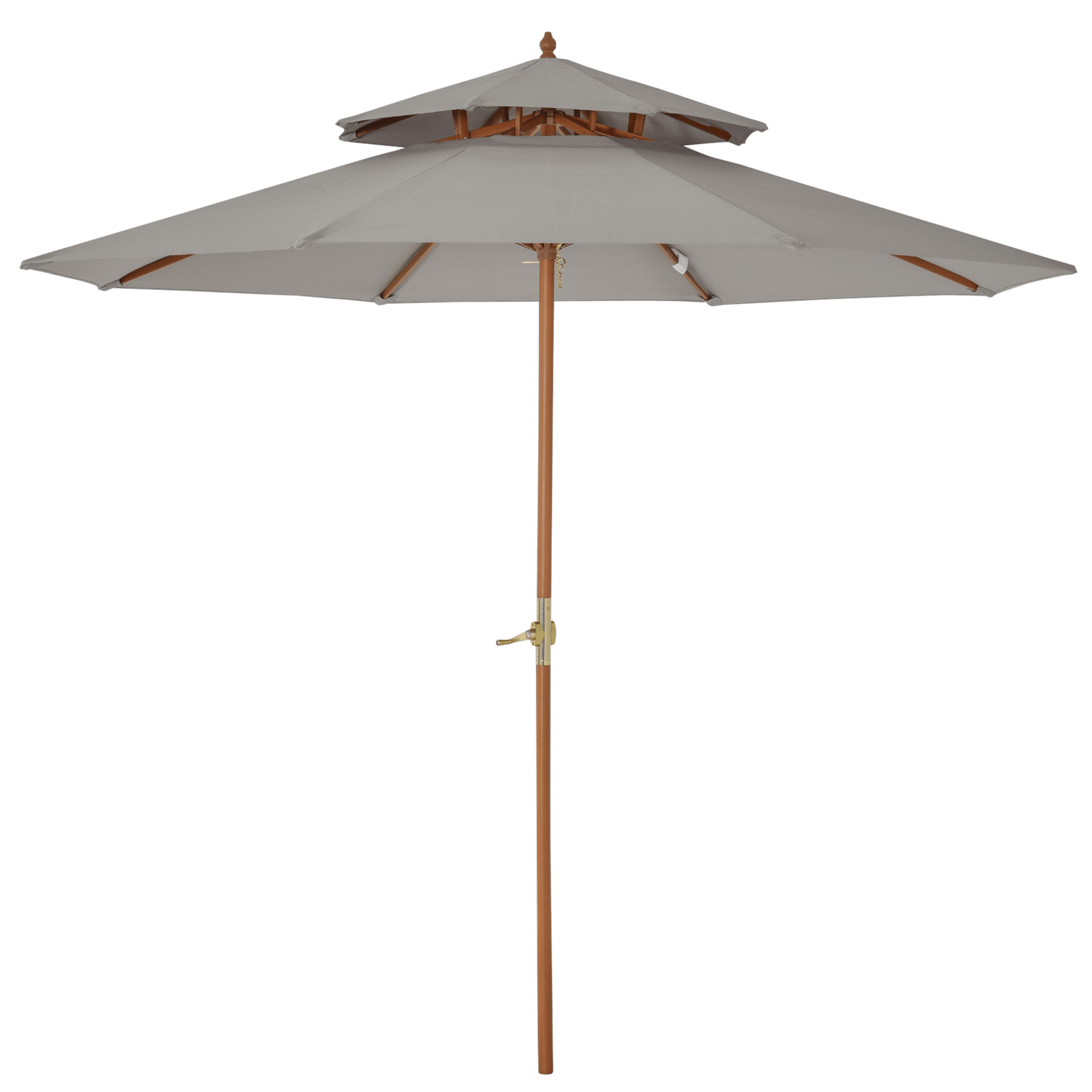 Stylish 2.7m Double Tier Patio Parasol - Bamboo Frame, Grey, Enhance your outdoor space with our wind-resistant, adjustable 2.7m Double Tier Patio Parasol featuring a stylish bamboo frame and grey canopy.