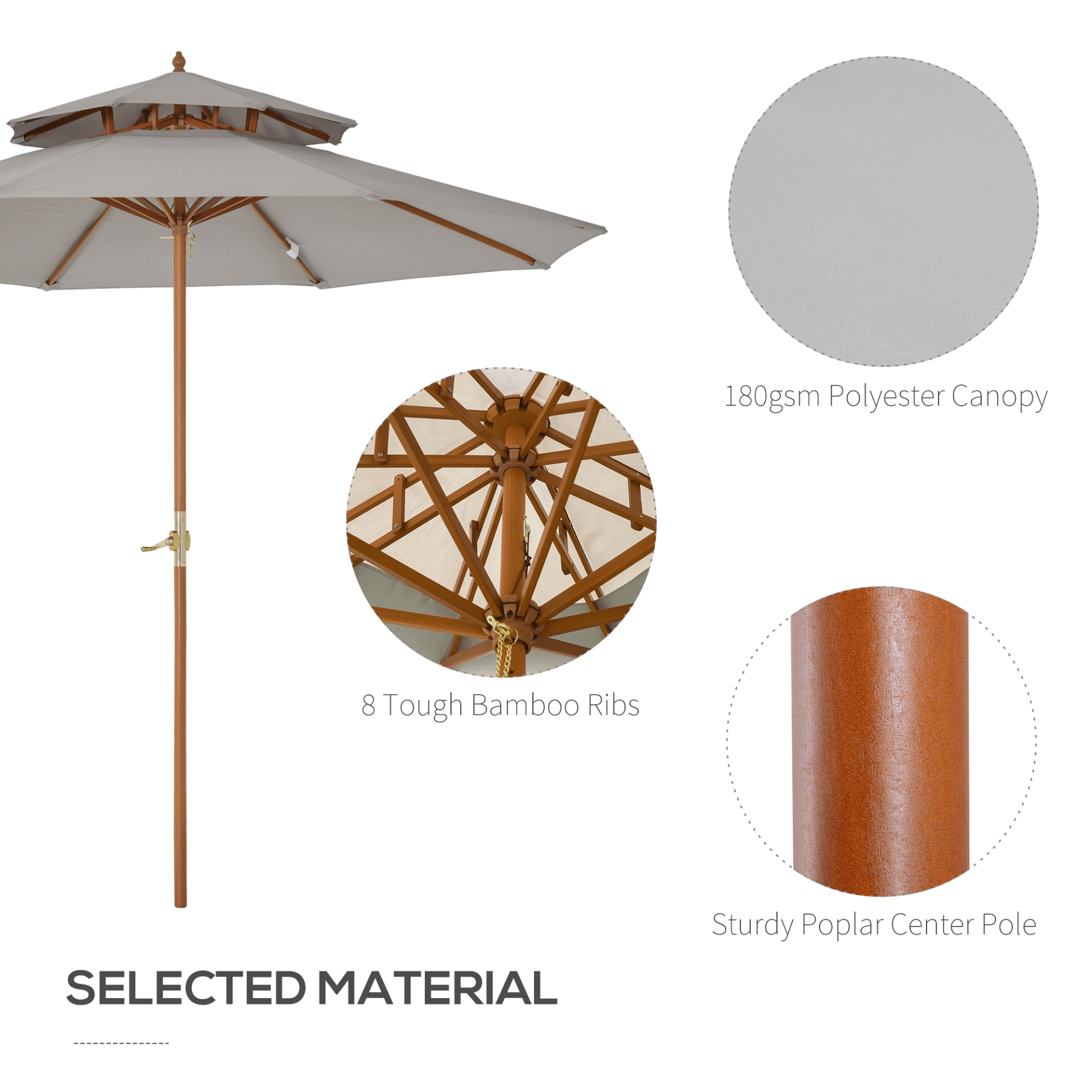 Stylish 2.7m Double Tier Patio Parasol - Bamboo Frame, Grey, Enhance your outdoor space with our wind-resistant, adjustable 2.7m Double Tier Patio Parasol featuring a stylish bamboo frame and grey canopy.