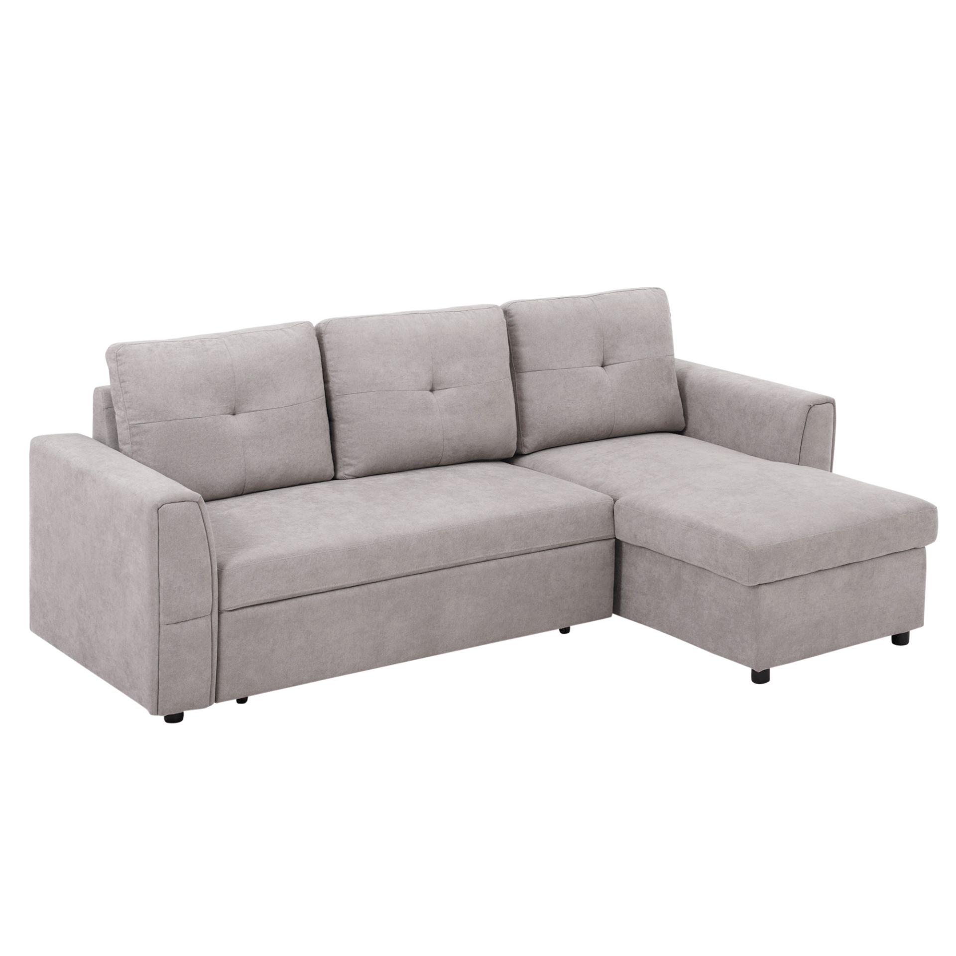 Grey L-Shaped Sofa Bed with Storage, Discover the HOMCOM Grey Linen-Look L-Shaped Sofa Bed. Perfect for studio apartments, it offers comfort, under-seat storage, and a space-saving design.