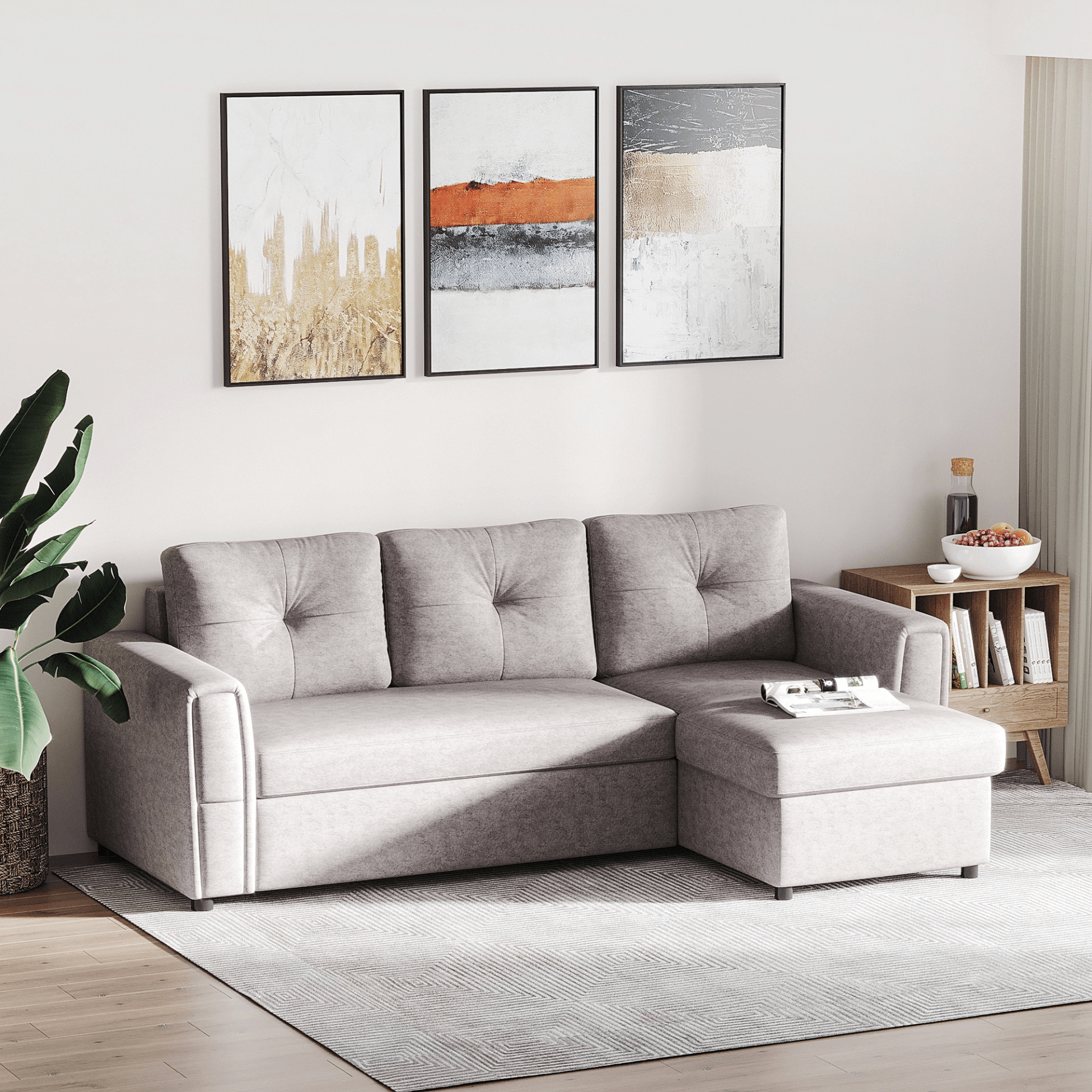 Grey L-Shaped Sofa Bed with Storage, Discover the HOMCOM Grey Linen-Look L-Shaped Sofa Bed. Perfect for studio apartments, it offers comfort, under-seat storage, and a space-saving design.