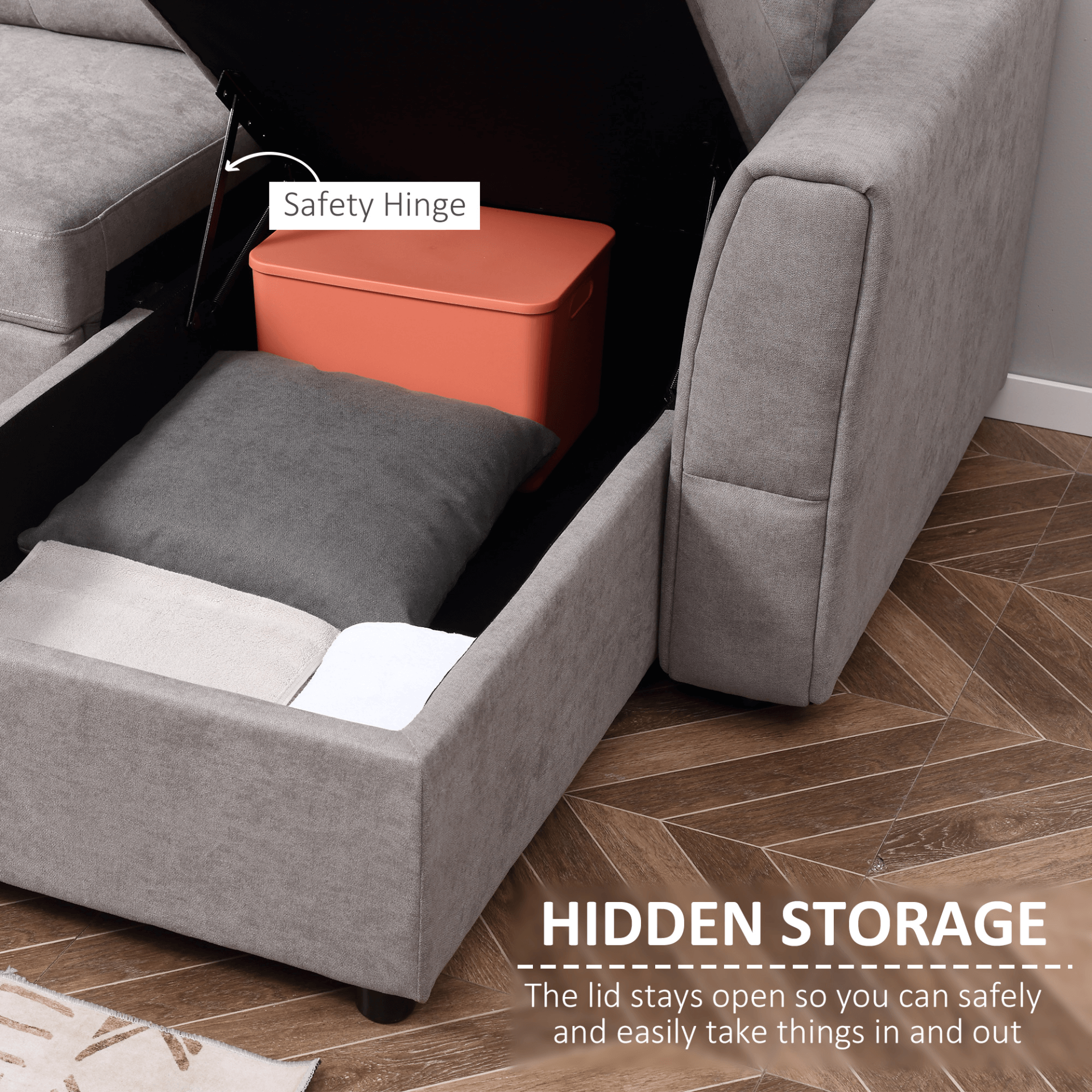 Grey L-Shaped Sofa Bed with Storage, Discover the HOMCOM Grey Linen-Look L-Shaped Sofa Bed. Perfect for studio apartments, it offers comfort, under-seat storage, and a space-saving design.